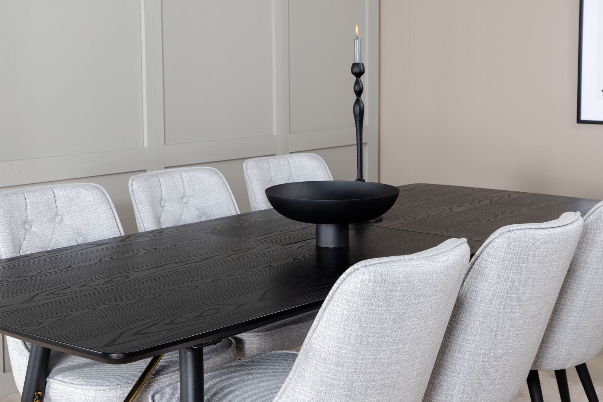 Venture Home Gold Extention bord - 180/220*85*H76 Black Veneer - Black legs - Brass details+Velvet Deluxe Spisebordsstol - Black Legs - Light Grey Fabric_6