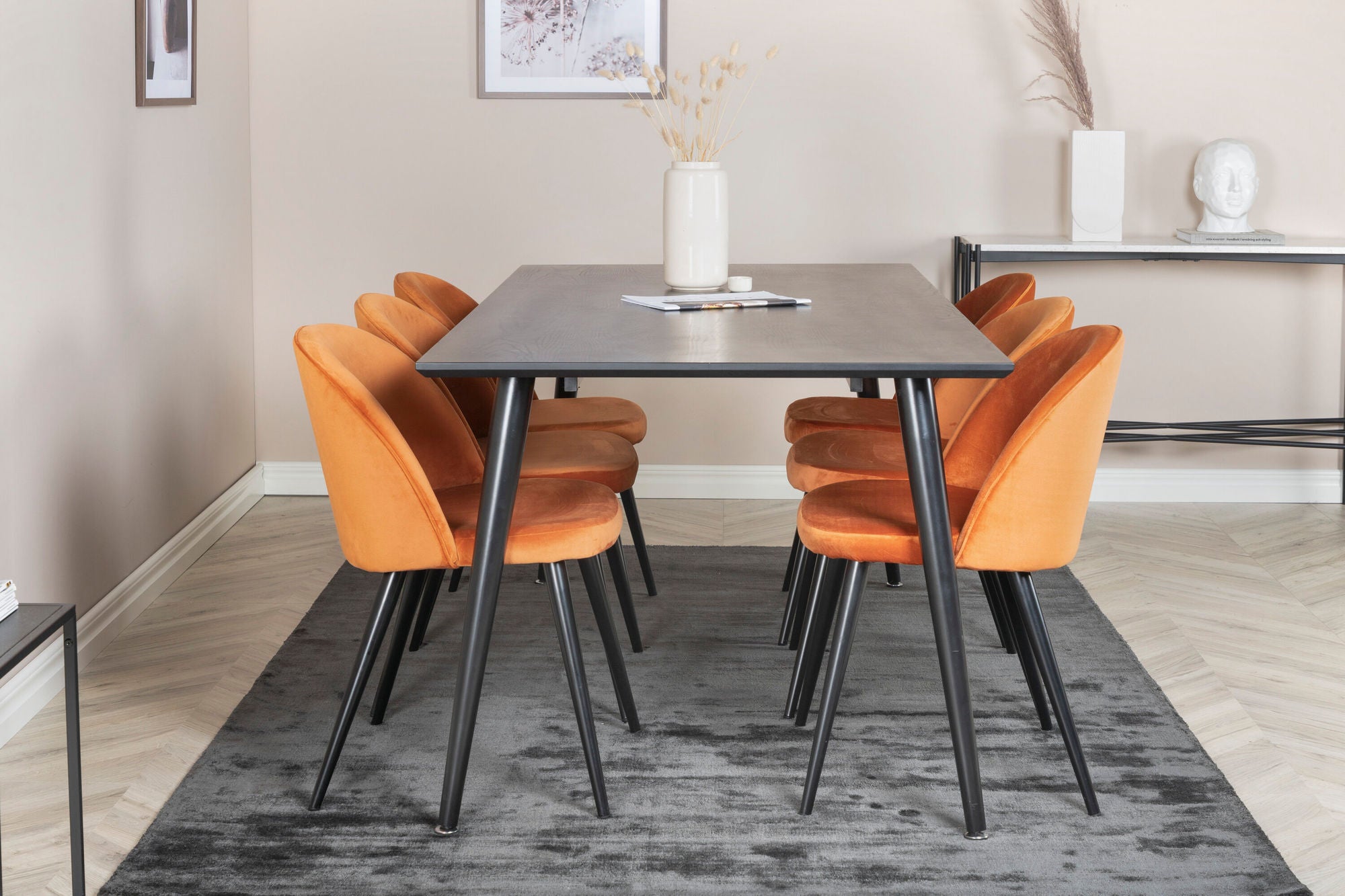 Venture Home Dipp spisebord - 180*90cm - Black Veneer / all black legs +Velvet Spisebordsstol - Orange / Black_6