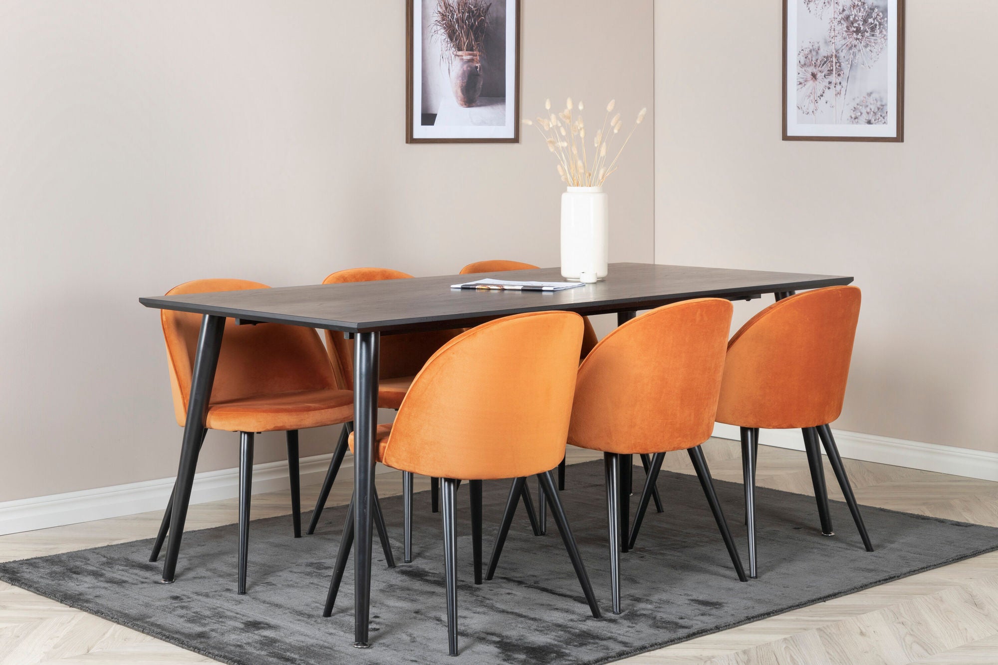 Venture Home Dipp spisebord - 180*90cm - Black Veneer / all black legs +Velvet Spisebordsstol - Orange / Black_6
