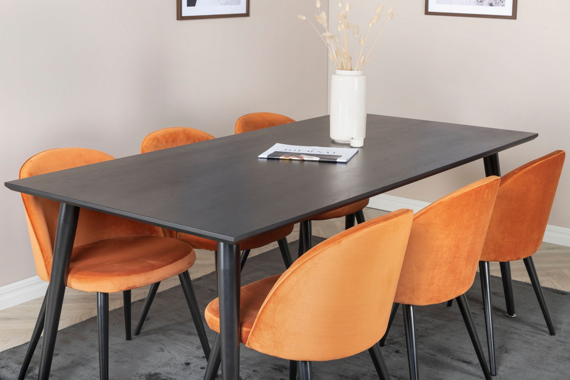 Venture Home Dipp spisebord - 180*90cm - Black Veneer / all black legs +Velvet Spisebordsstol - Orange / Black_6
