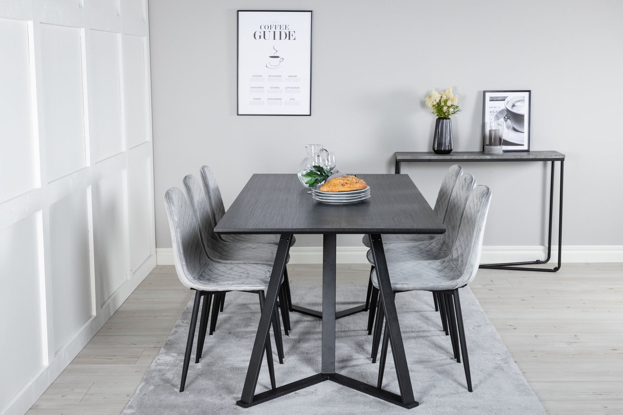Venture Home Marina spisebord - Black top / Black Legs +Polar Diamond Spisebordsstol - Black Legs - Grey Velvet_6
