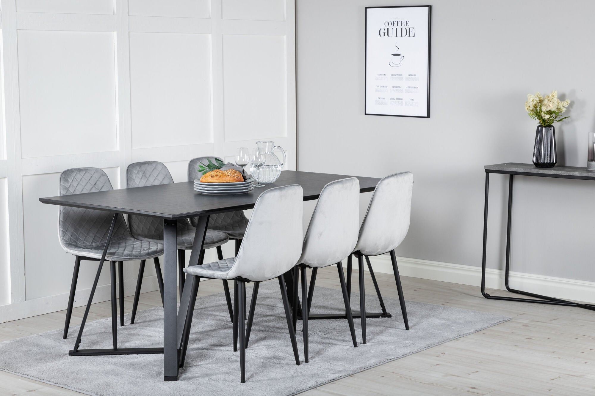 Venture Home Marina spisebord - Black top / Black Legs +Polar Diamond Spisebordsstol - Black Legs - Grey Velvet_6
