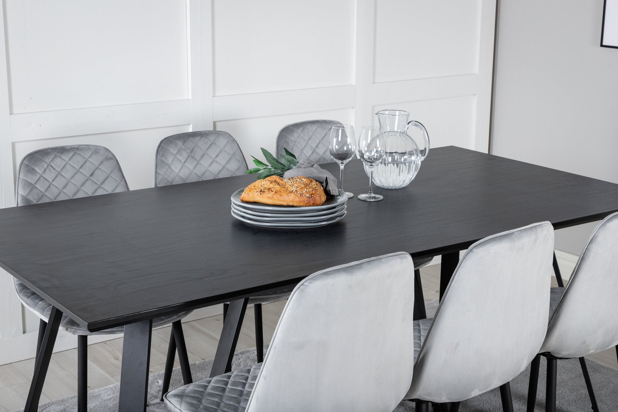 Venture Home Marina spisebord - Black top / Black Legs +Polar Diamond Spisebordsstol - Black Legs - Grey Velvet_6