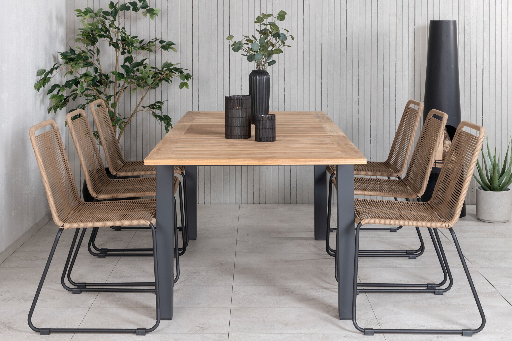 Venture Home Panama bord 152/210 - Black/Teak+Lindos Stacking stol - Black Alu / Latte Rope_6