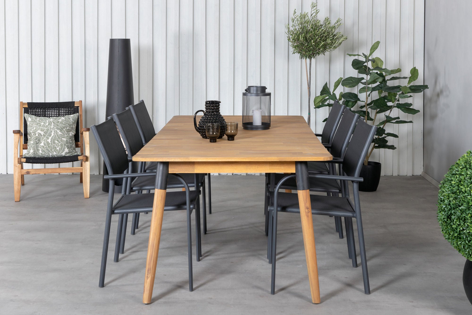 Venture Home Julian spisebord - Acasia - 210*100cm+Santorini Arm stol (Stackable) - Black alu / Black Textilene_6