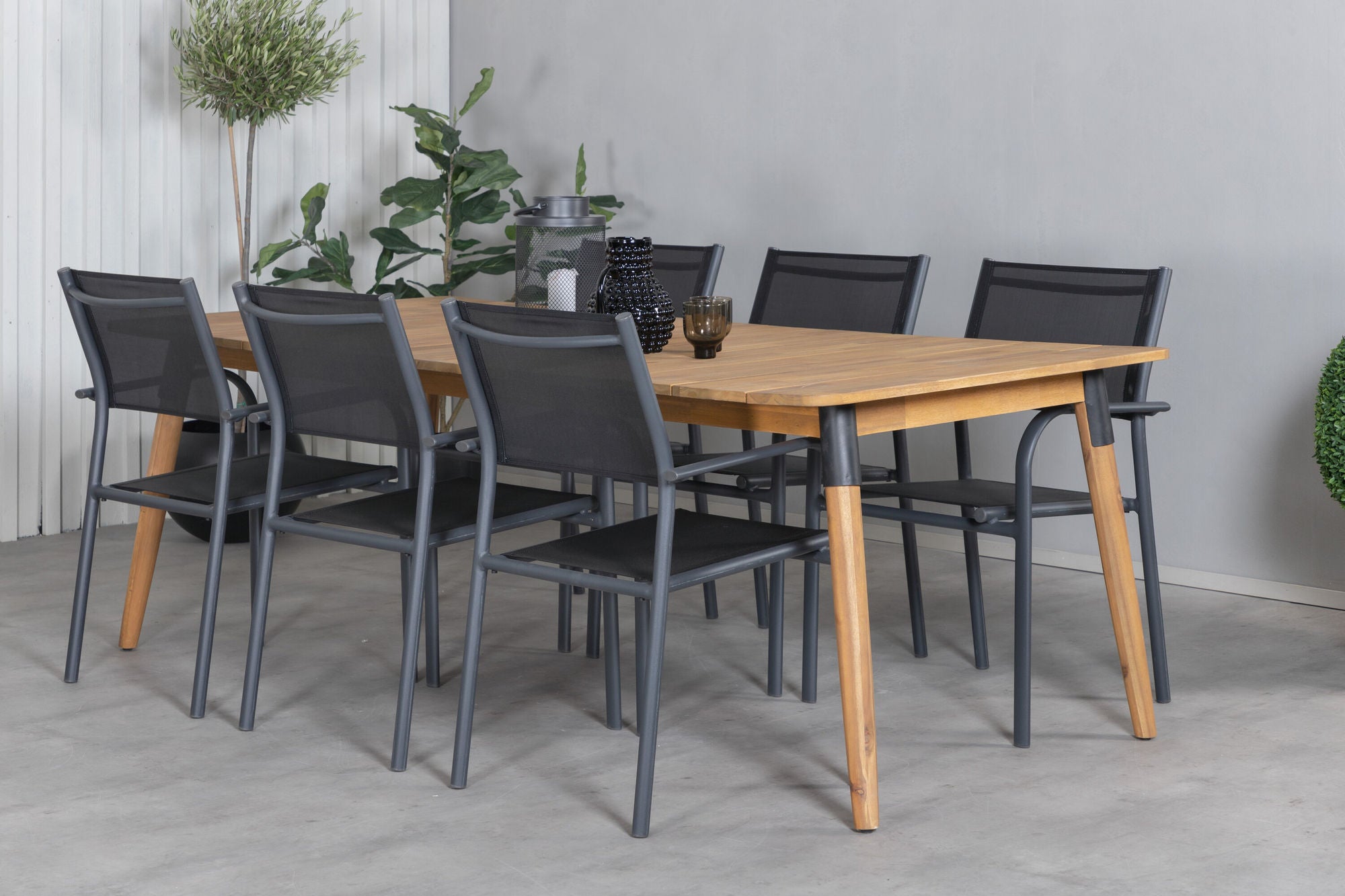 Venture Home Julian spisebord - Acasia - 210*100cm+Santorini Arm stol (Stackable) - Black alu / Black Textilene_6