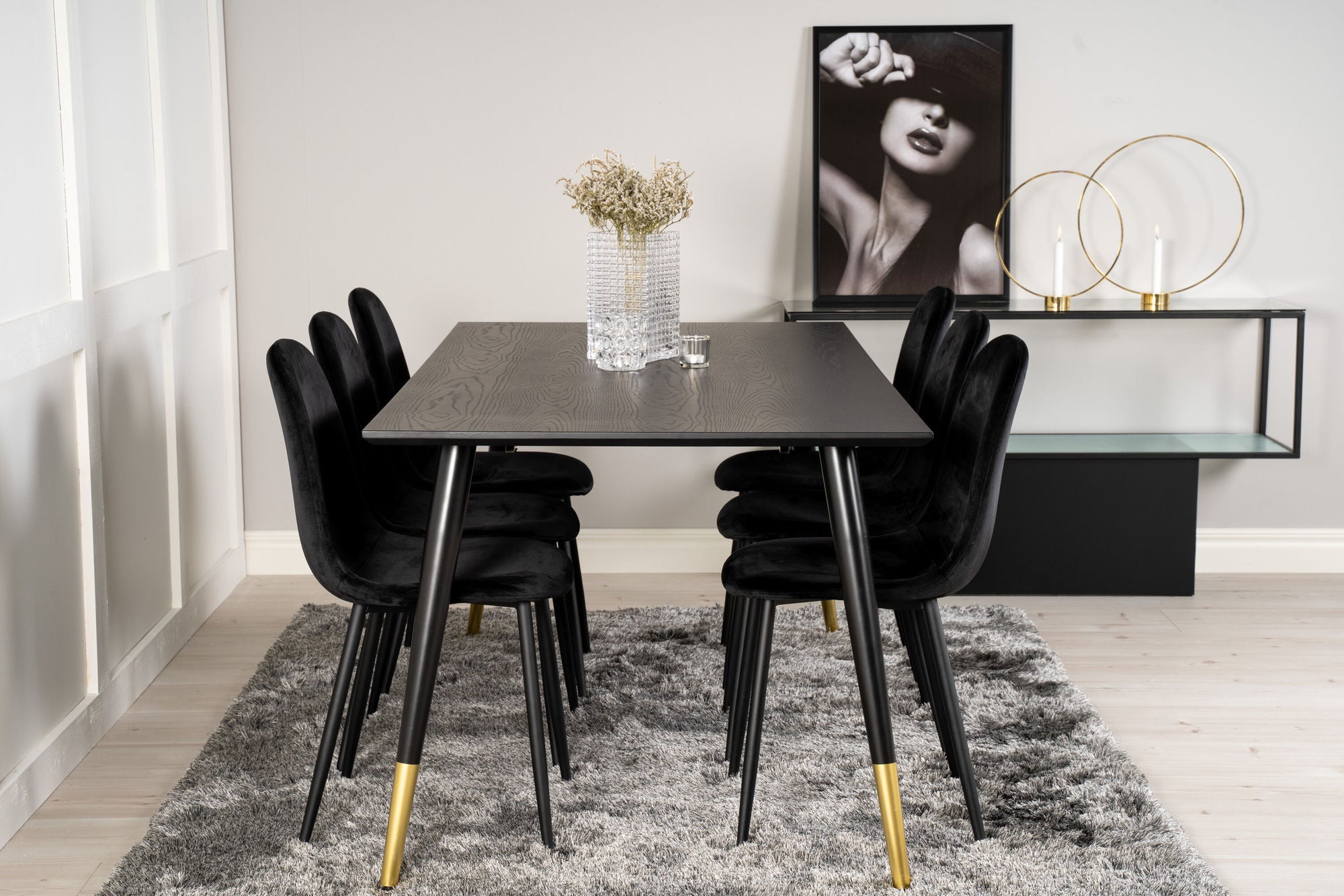 Venture Home Dipp spisebord - 180*90cm - Black Veneer / black legs w brass dipp +Polar Spisebordsstol - Black legs / Black Velvet_6