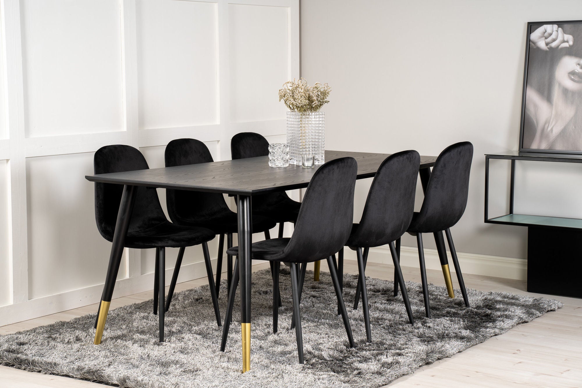 Venture Home Dipp spisebord - 180*90cm - Black Veneer / black legs w brass dipp +Polar Spisebordsstol - Black legs / Black Velvet_6
