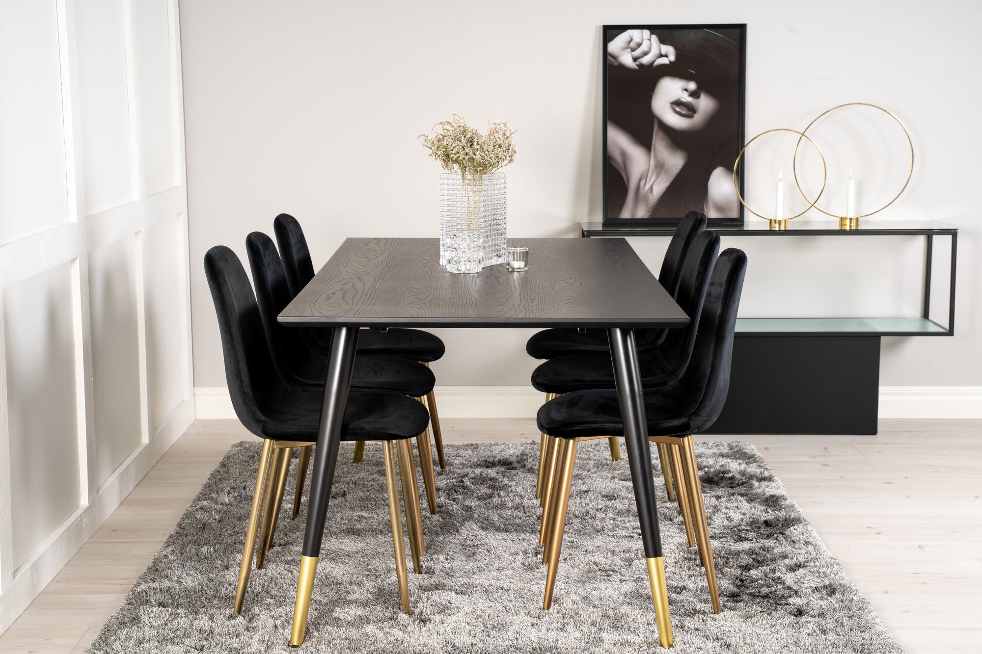 Venture Home Dipp spisebord - 180*90cm - Black Veneer / black legs w brass dipp +Polar Matstol - Matt Mässing / Svart Sammet_6