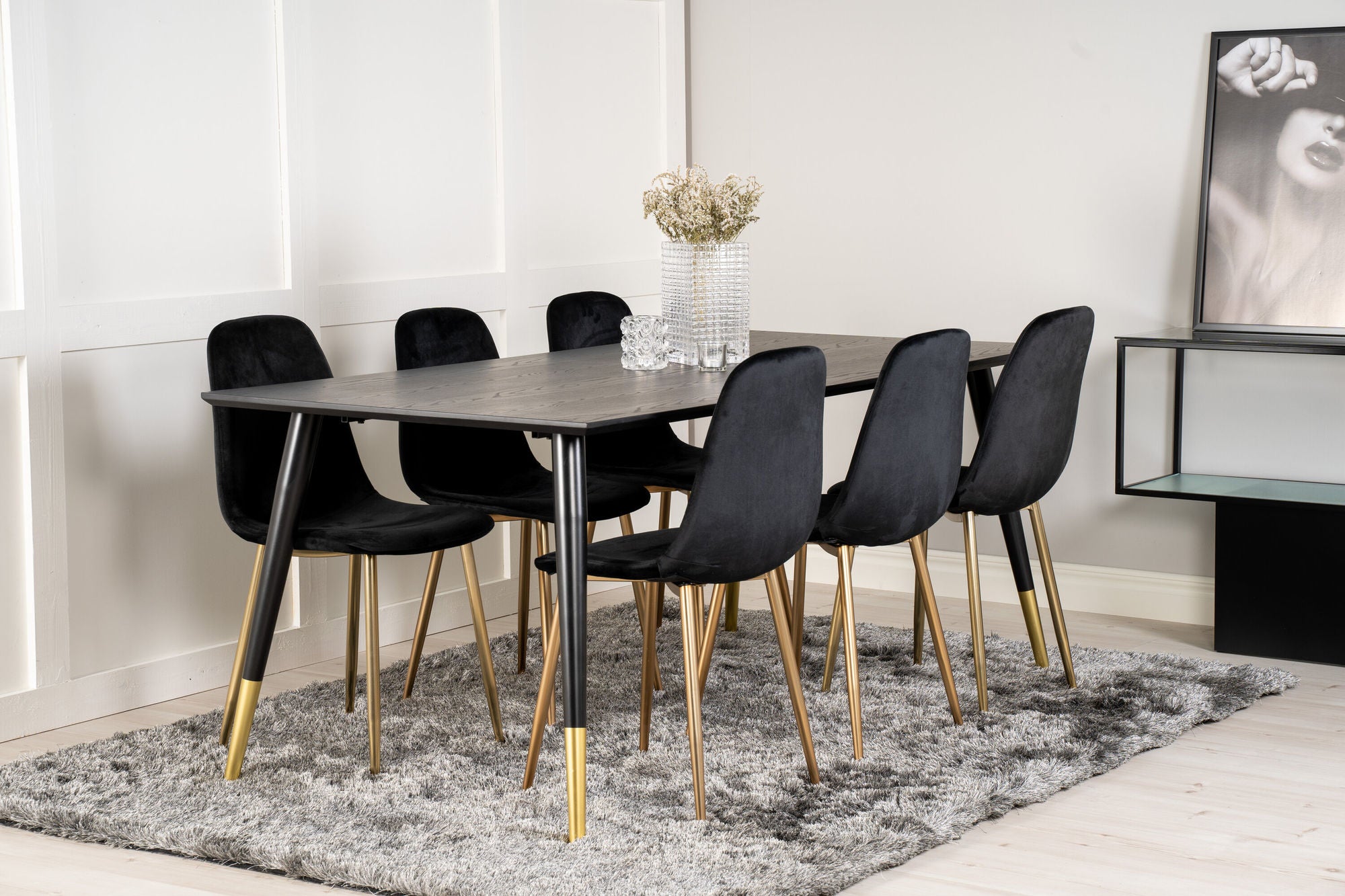 Venture Home Dipp spisebord - 180*90cm - Black Veneer / black legs w brass dipp +Polar Matstol - Matt Mässing / Svart Sammet_6