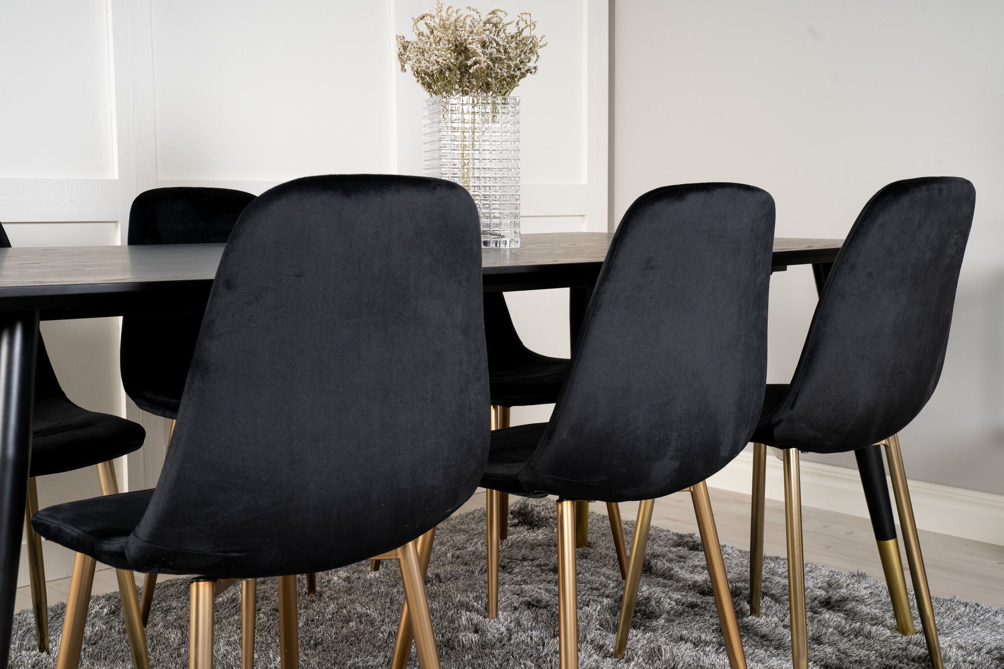 Venture Home Dipp spisebord - 180*90cm - Black Veneer / black legs w brass dipp +Polar Matstol - Matt Mässing / Svart Sammet_6