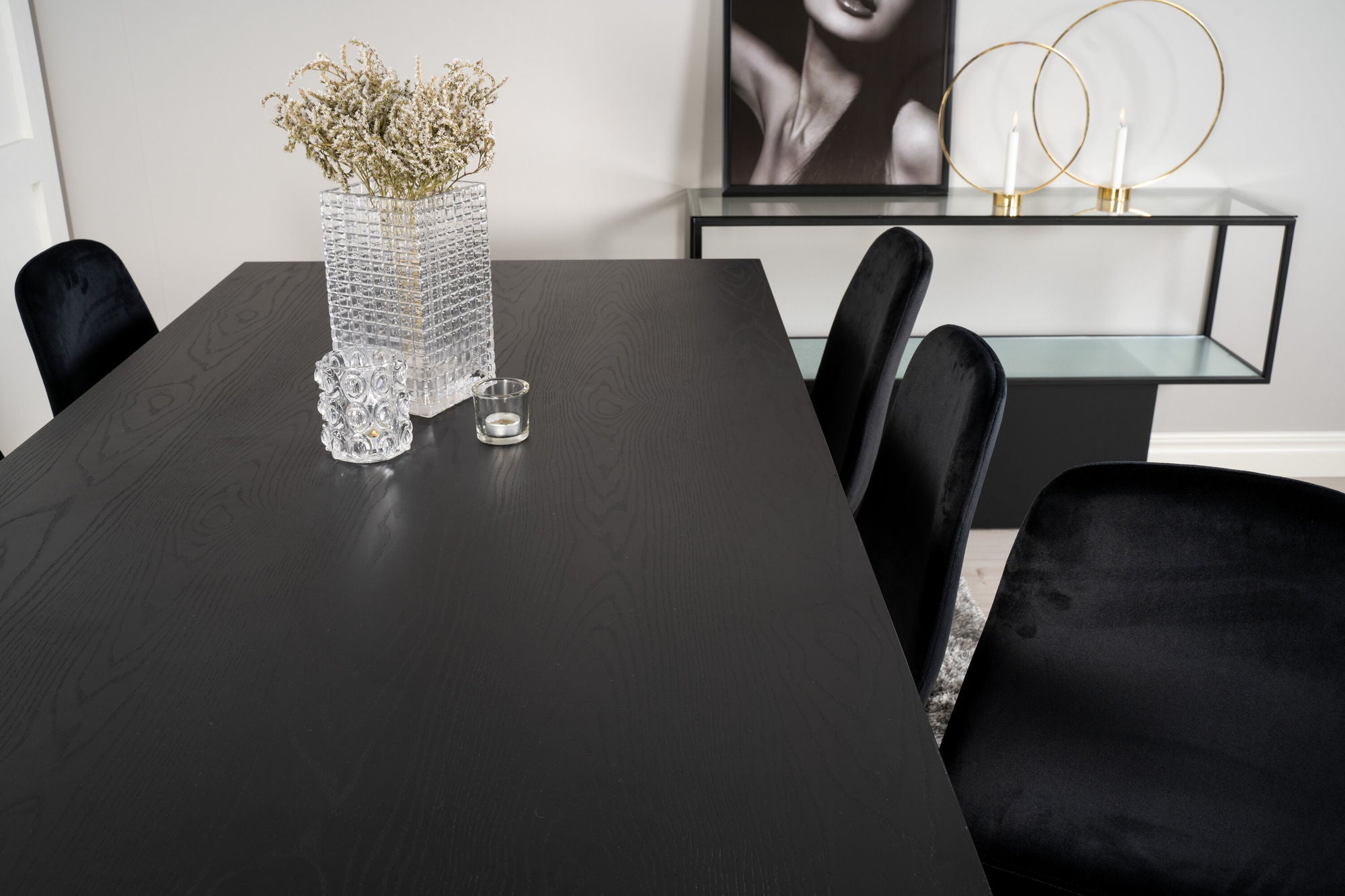 Venture Home Dipp spisebord - 180*90cm - Black Veneer / black legs w brass dipp +Polar Matstol - Matt Mässing / Svart Sammet_6