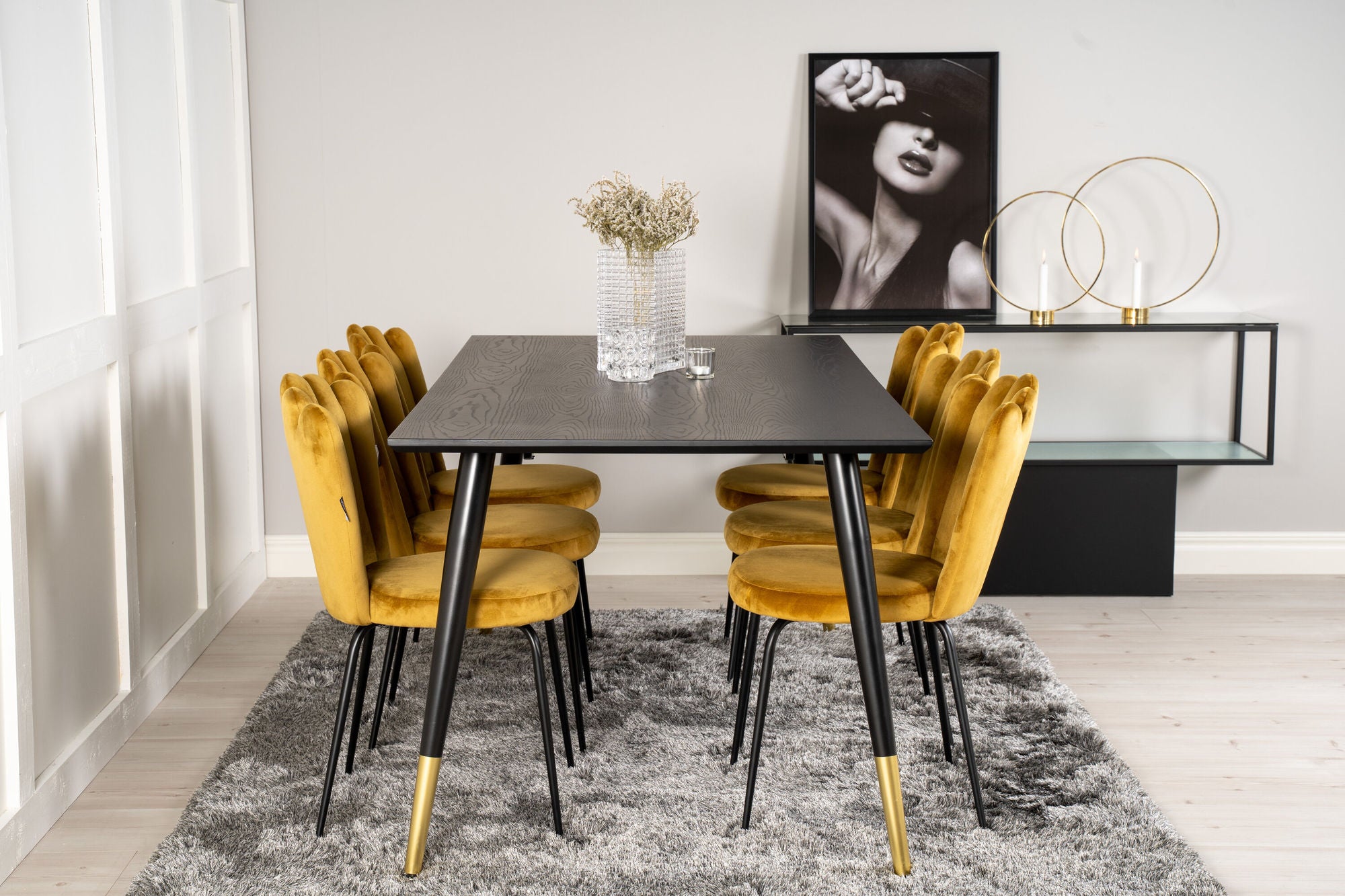 Venture Home Dipp spisebord - 180*90cm - Black Veneer / black legs w brass dipp +Limhamn Light - stol - Gold Velvet_6