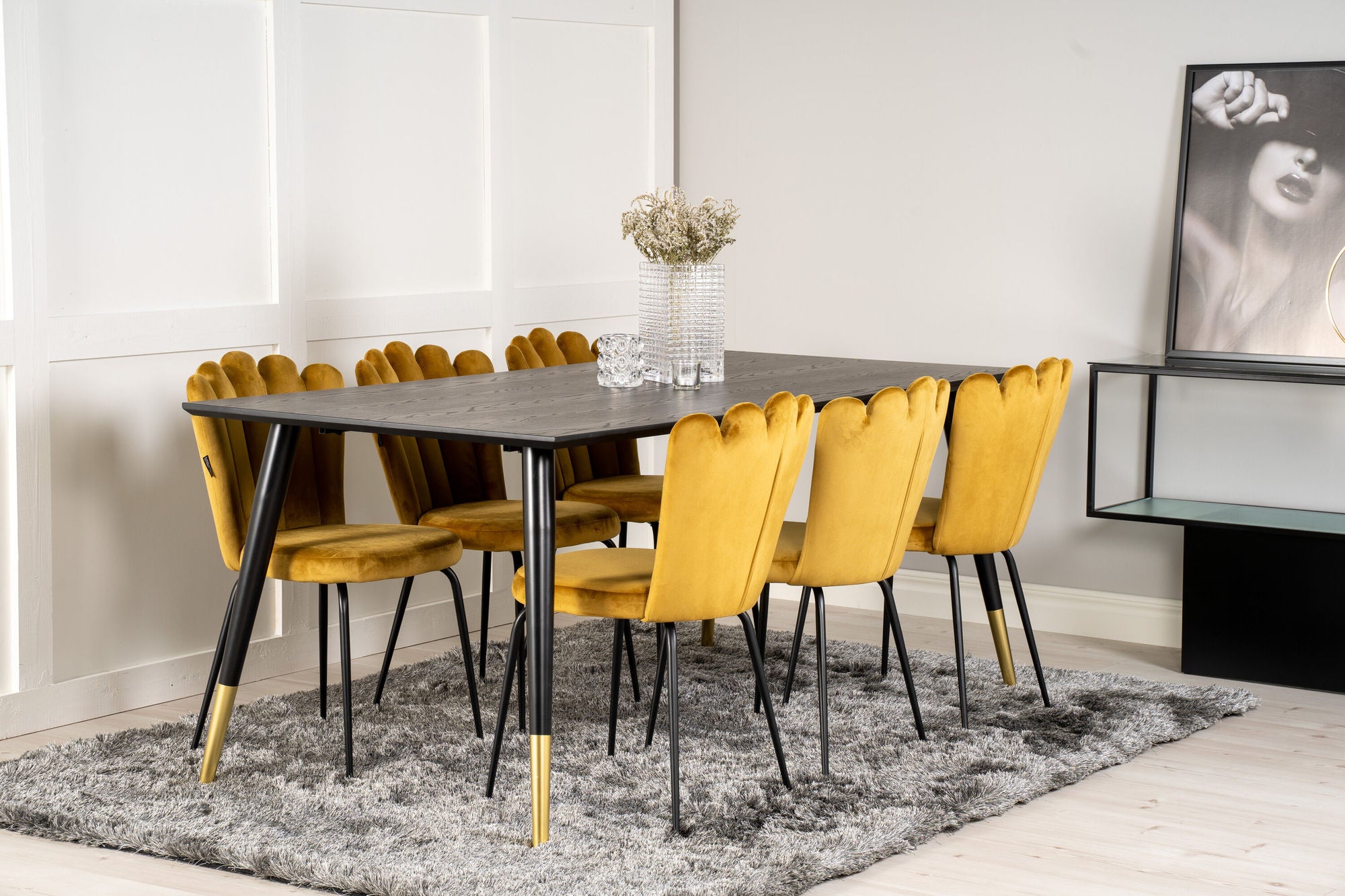 Venture Home Dipp spisebord - 180*90cm - Black Veneer / black legs w brass dipp +Limhamn Light - stol - Gold Velvet_6