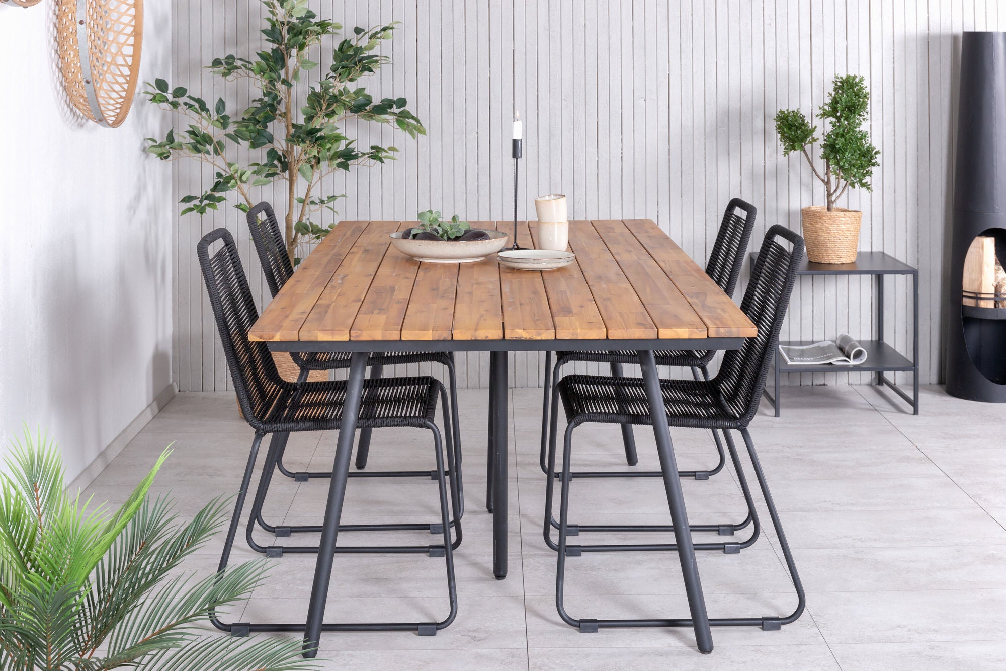 Venture Home Chan spisebord - Black Steel / Acacia (teak look) - 200cm+Lindos Stacking stol - Black Alu / Black Rope_4