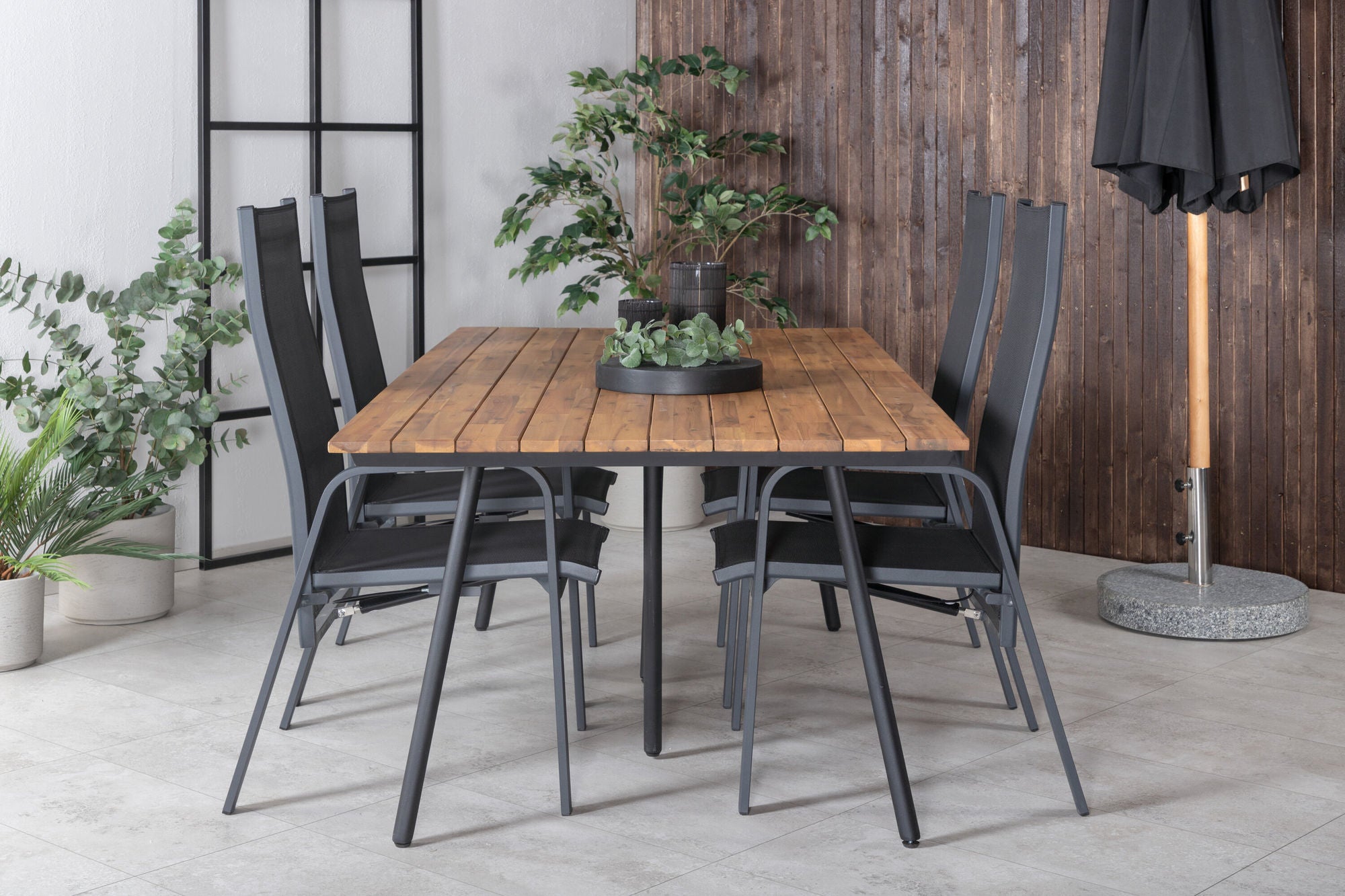 Venture Home Chan spisebord - Black Steel / Acacia (teak look) - 200cm+Copacabana Recliner stol - Black/Black_4