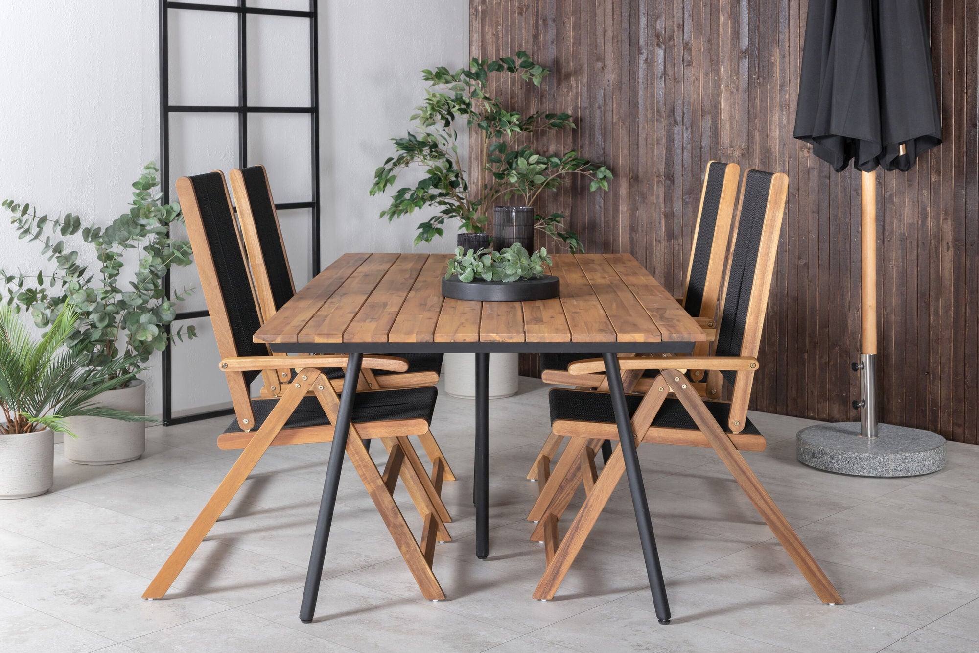 Venture Home Chan spisebord - Black Steel / Acacia (teak look) - 200cm+Little John foldable stol - Rope / Acacia_4