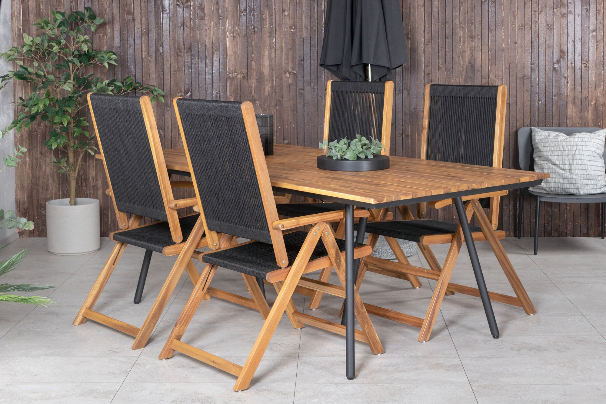 Venture Home Chan spisebord - Black Steel / Acacia (teak look) - 200cm+Little John foldable stol - Rope / Acacia_4