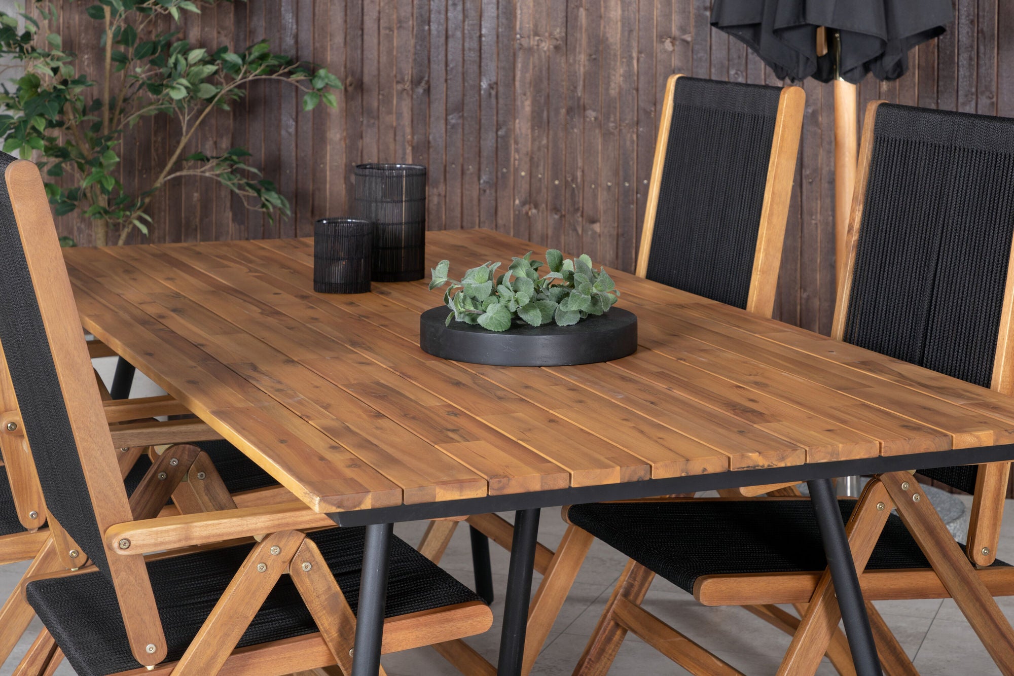 Venture Home Chan spisebord - Black Steel / Acacia (teak look) - 200cm+Little John foldable stol - Rope / Acacia_4