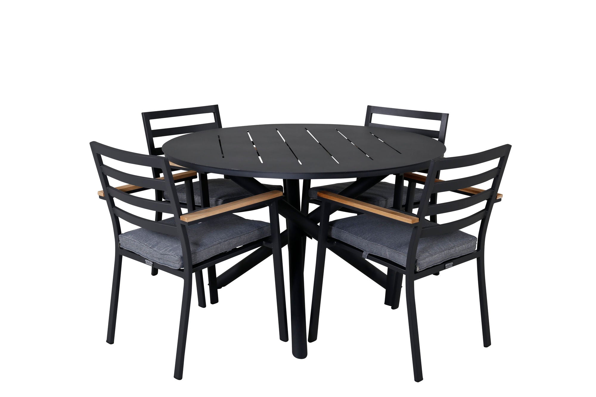 Venture Home Alma spisebord - Black Alu - ø120cm+Brasilia Karmstol (stapelbar) - Svart Alu / Teak_4