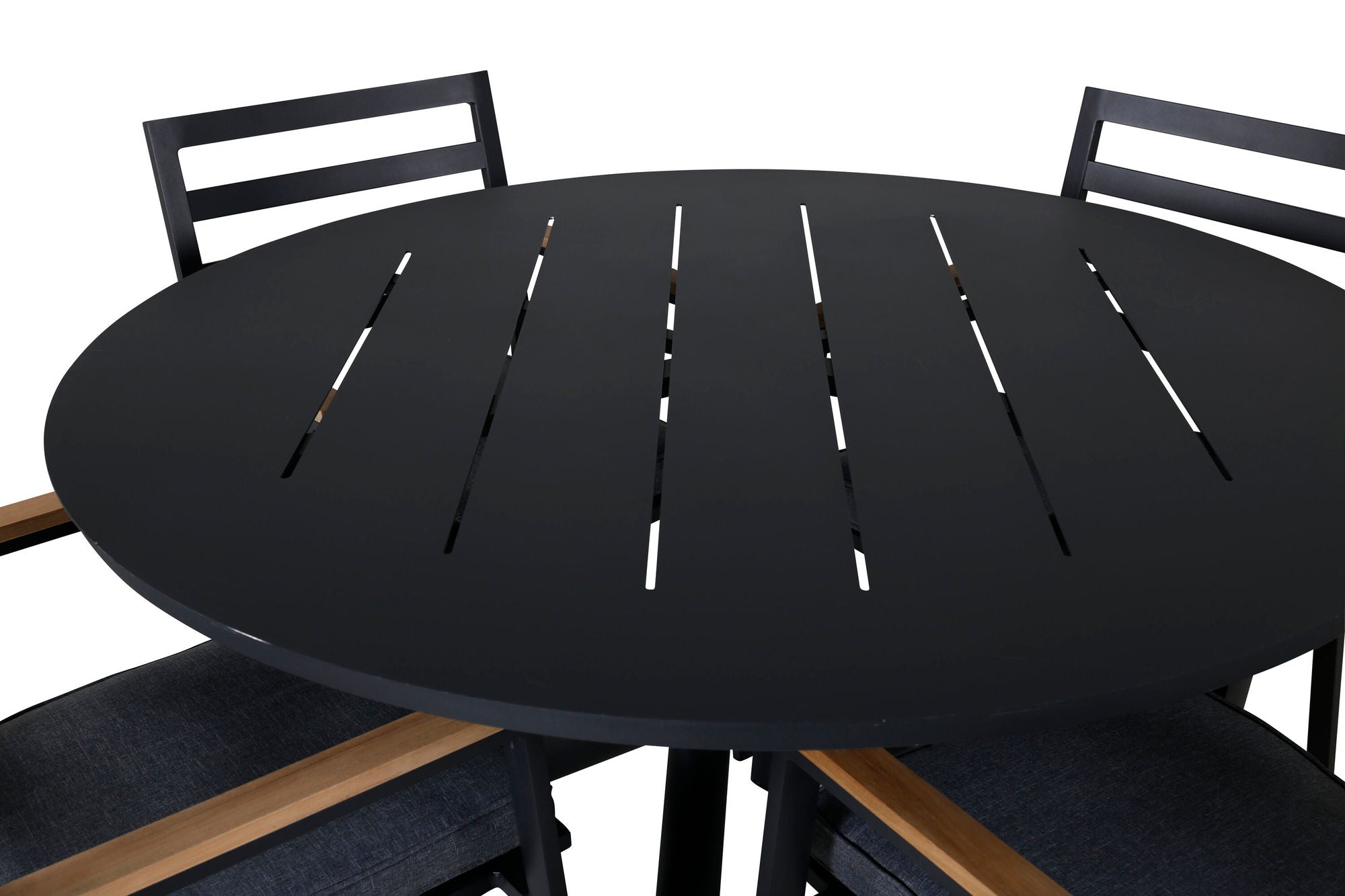 Venture Home Alma spisebord - Black Alu - ø120cm+Brasilia Karmstol (stapelbar) - Svart Alu / Teak_4