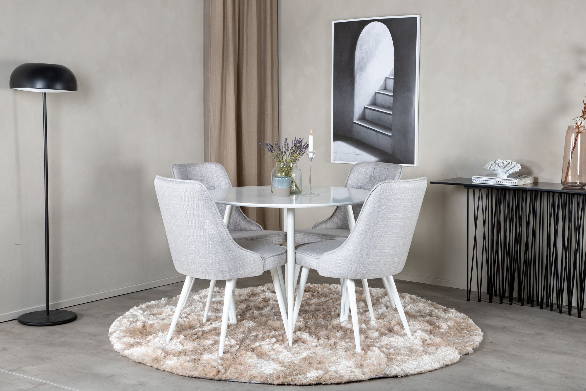 Venture Home Plaza rund bord 100 cm - White top / White Legs+Velvet Deluxe Spisebordsstol - White Legs - Light Grey Fabric_4