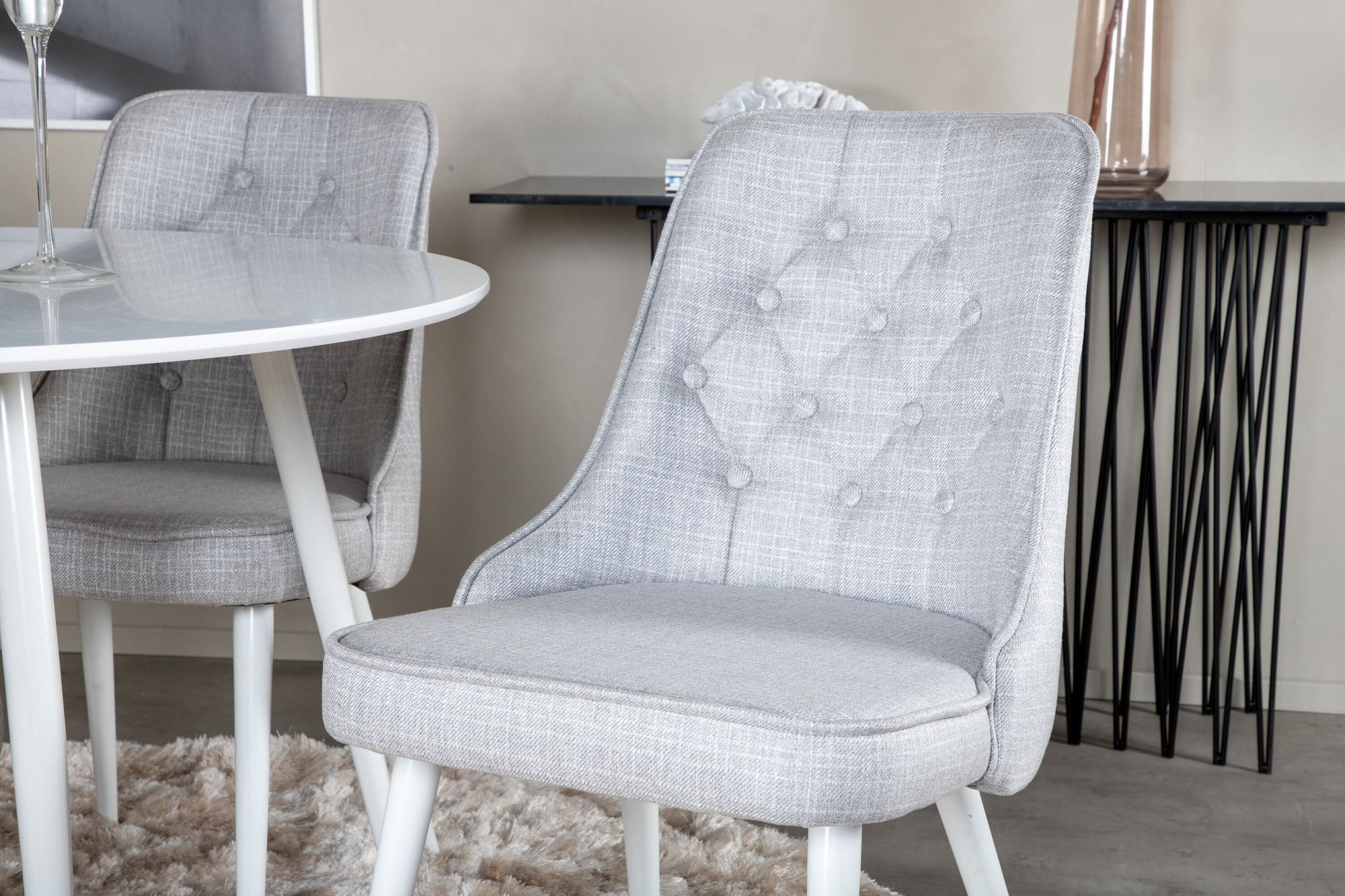 Venture Home Plaza rund bord 100 cm - White top / White Legs+Velvet Deluxe Spisebordsstol - White Legs - Light Grey Fabric_4