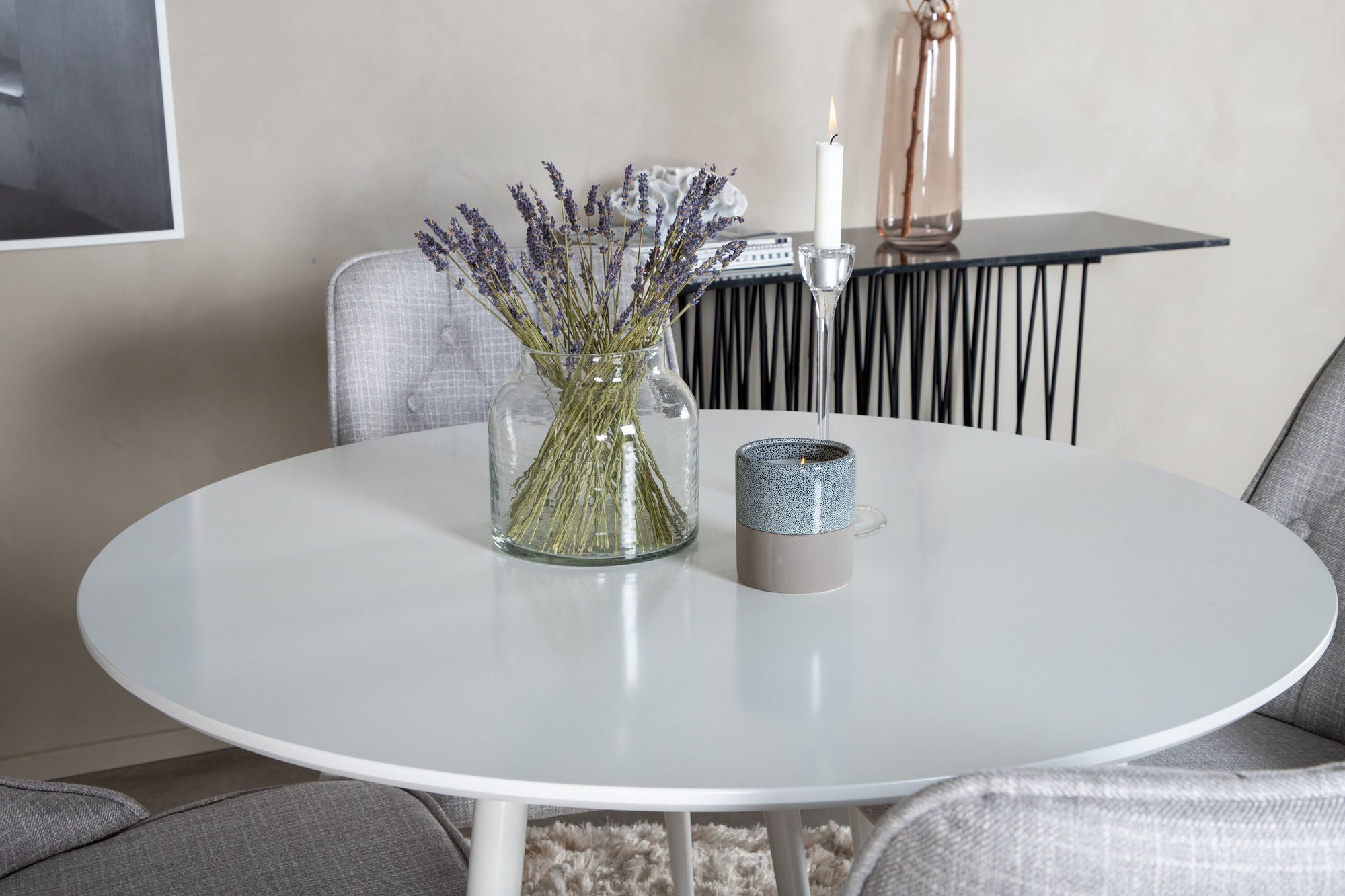 Venture Home Plaza rund bord 100 cm - White top / White Legs+Velvet Deluxe Spisebordsstol - White Legs - Light Grey Fabric_4