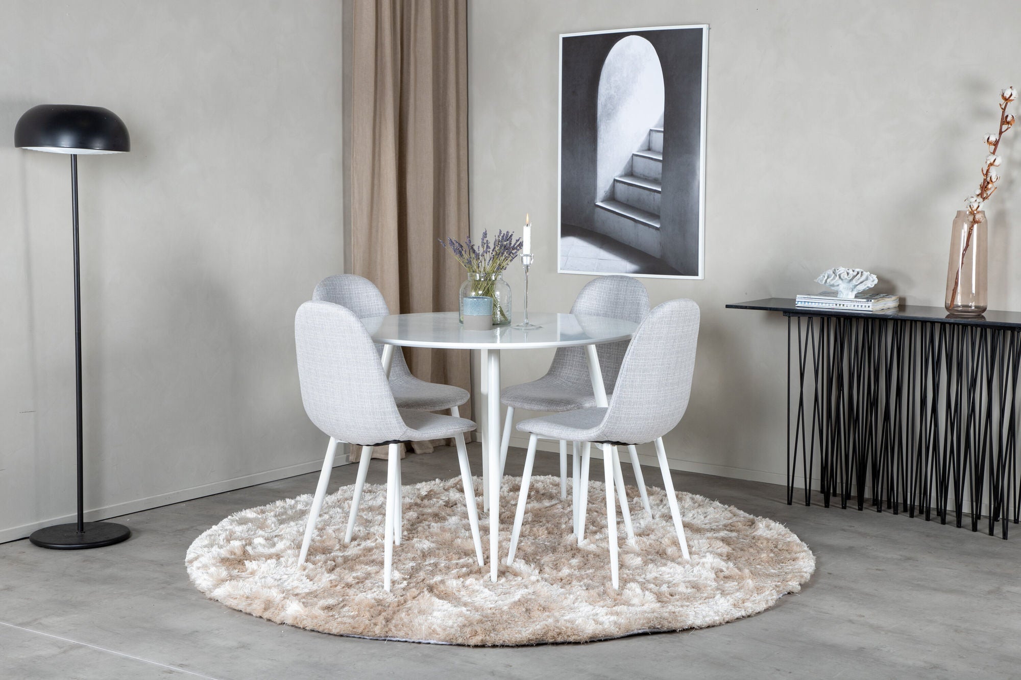 Venture Home Plaza rund bord 100 cm - White top / White Legs+Polar Spisebordsstol - White Legs - Light Grey Fabric_4