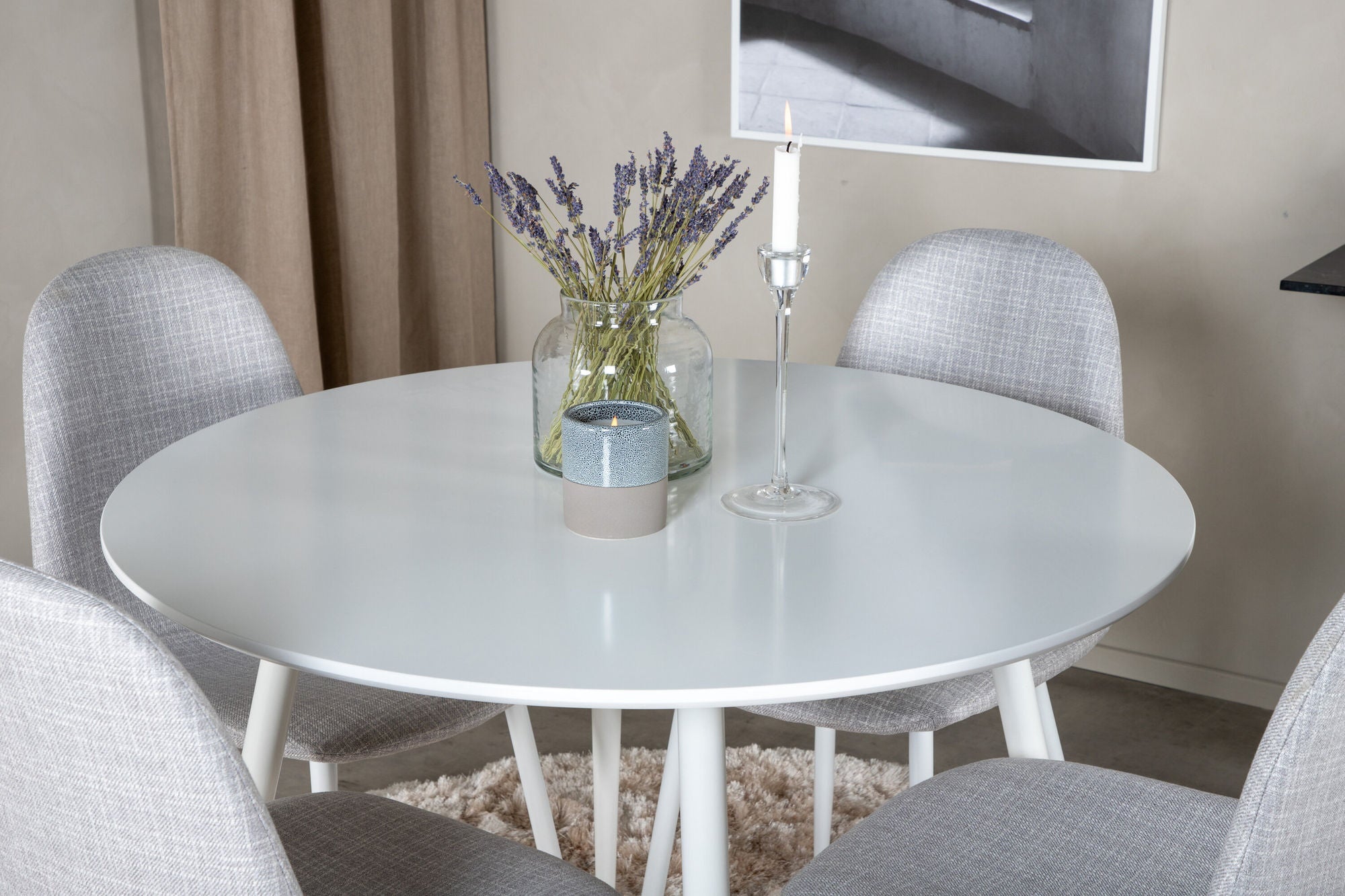 Venture Home Plaza rund bord 100 cm - White top / White Legs+Polar Spisebordsstol - White Legs - Light Grey Fabric_4