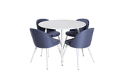 Venture Home Plaza rund bord 100 cm - White top / White Legs+Velvet Dining Chiar - White legs - Blue Fabric_4