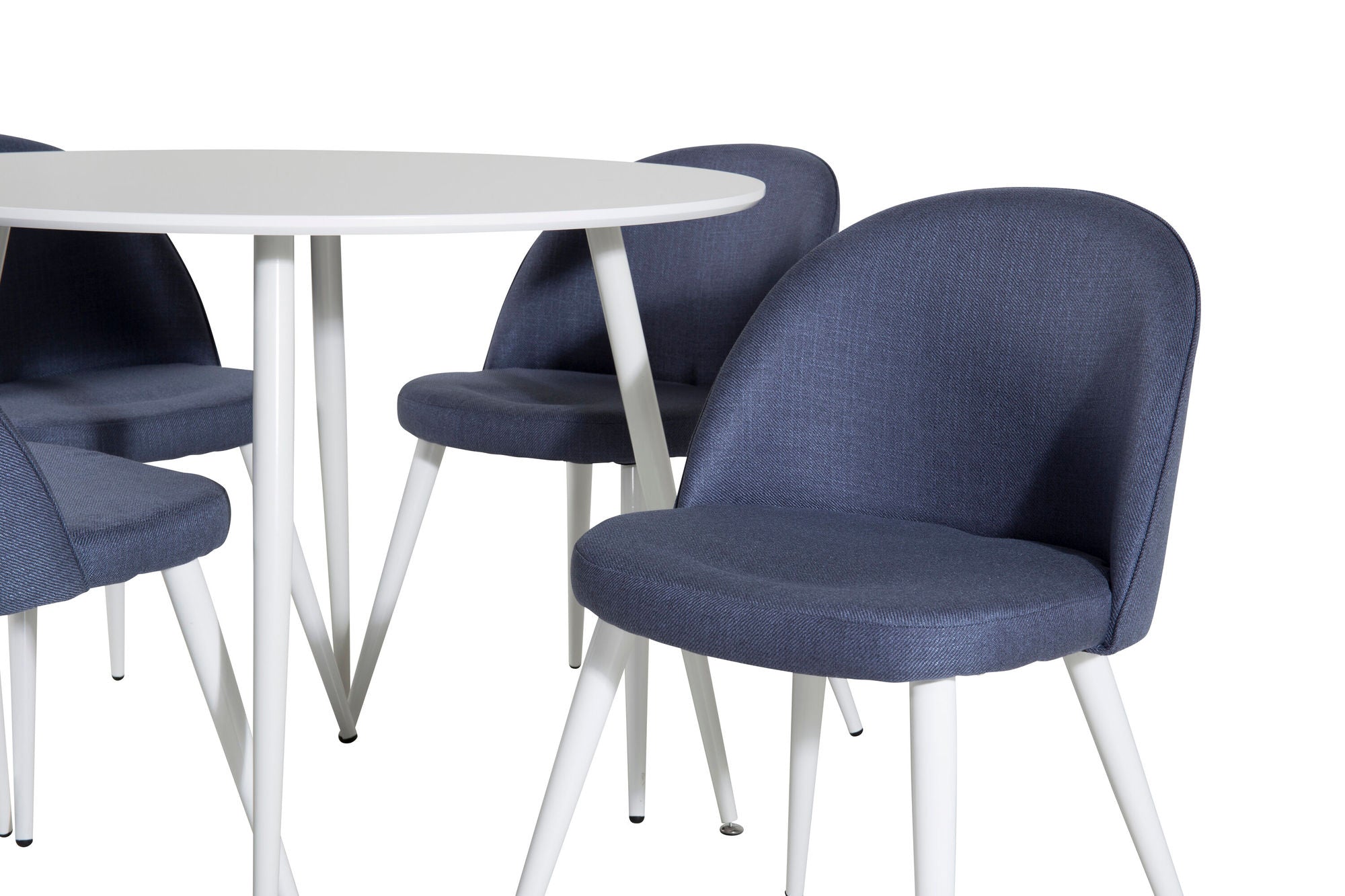 Venture Home Plaza rund bord 100 cm - White top / White Legs+Velvet Dining Chiar - White legs - Blue Fabric_4