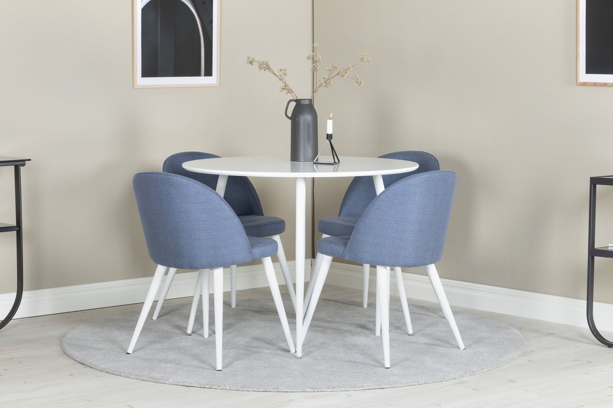 Venture Home Plaza rund bord 100 cm - White top / White Legs+Velvet Dining Chiar - White legs - Blue Fabric_4