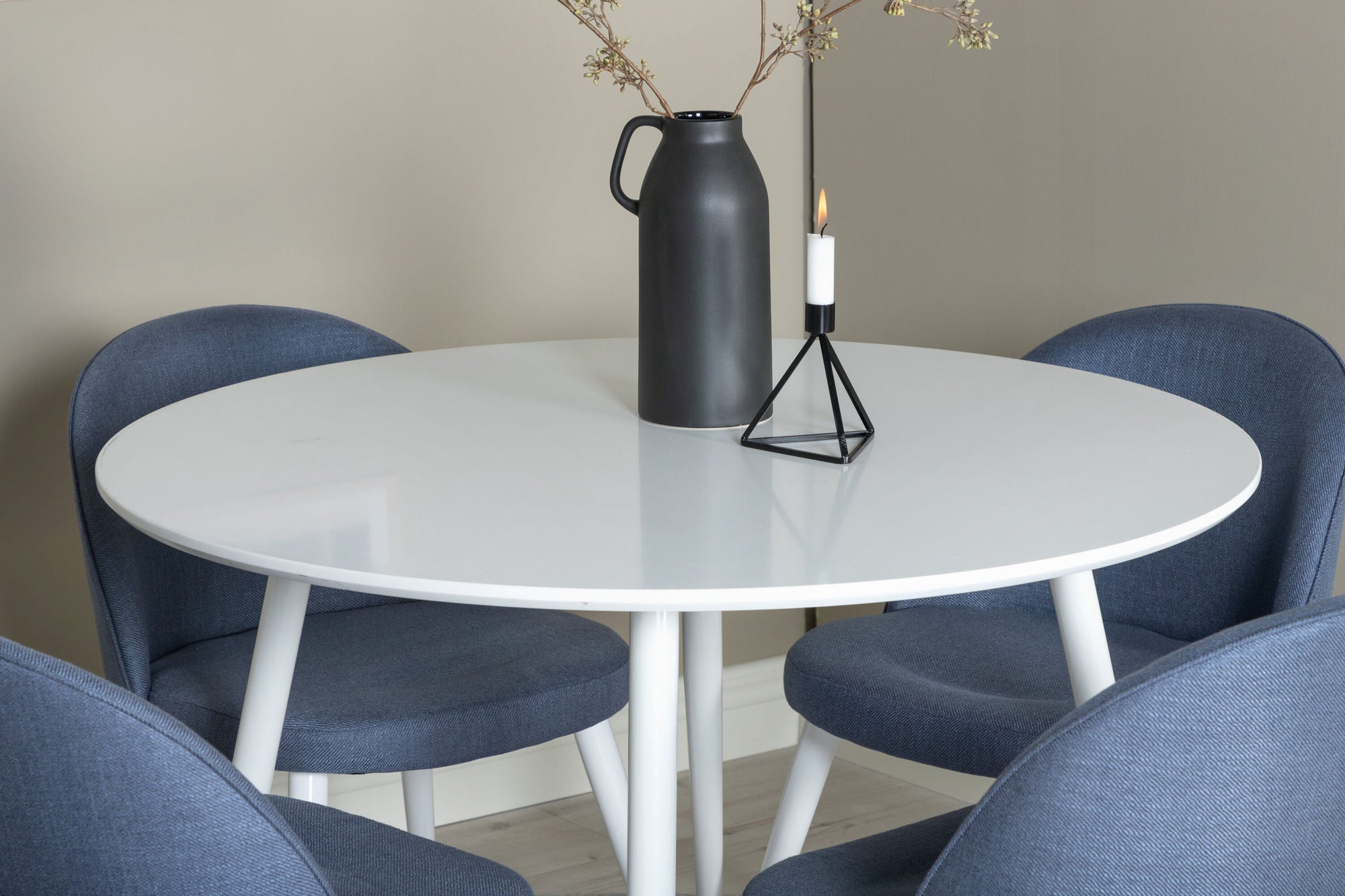 Venture Home Plaza rund bord 100 cm - White top / White Legs+Velvet Dining Chiar - White legs - Blue Fabric_4