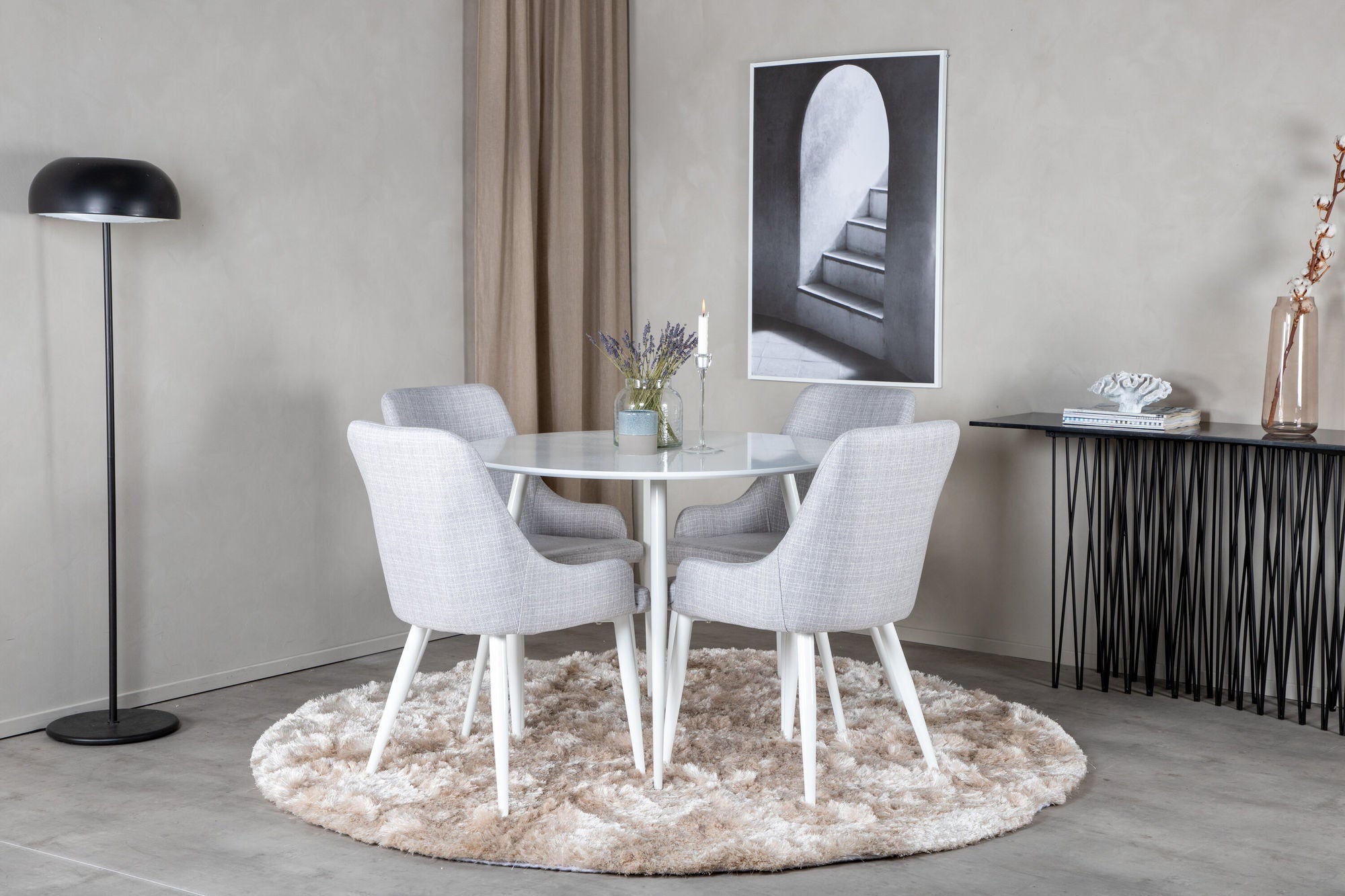 Venture Home Plaza rund bord 100 cm - White top / White Legs+Plaza Dining chair - White legs - Light Grey Fabric_4