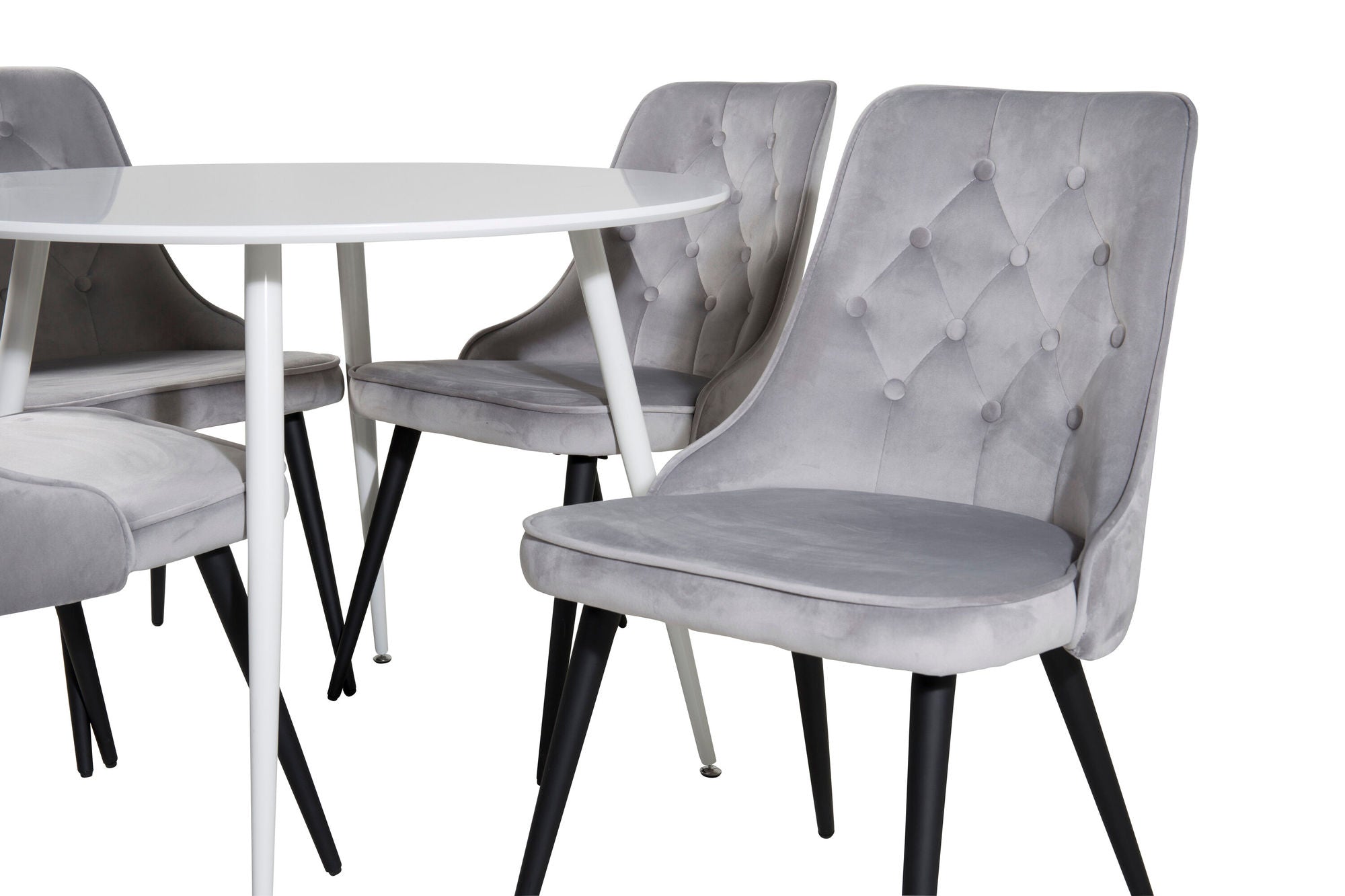 Venture Home Plaza rund bord 100 cm - White top / White Legs+Velvet Deluxe Spisebordsstol - Light Grey / Black_4