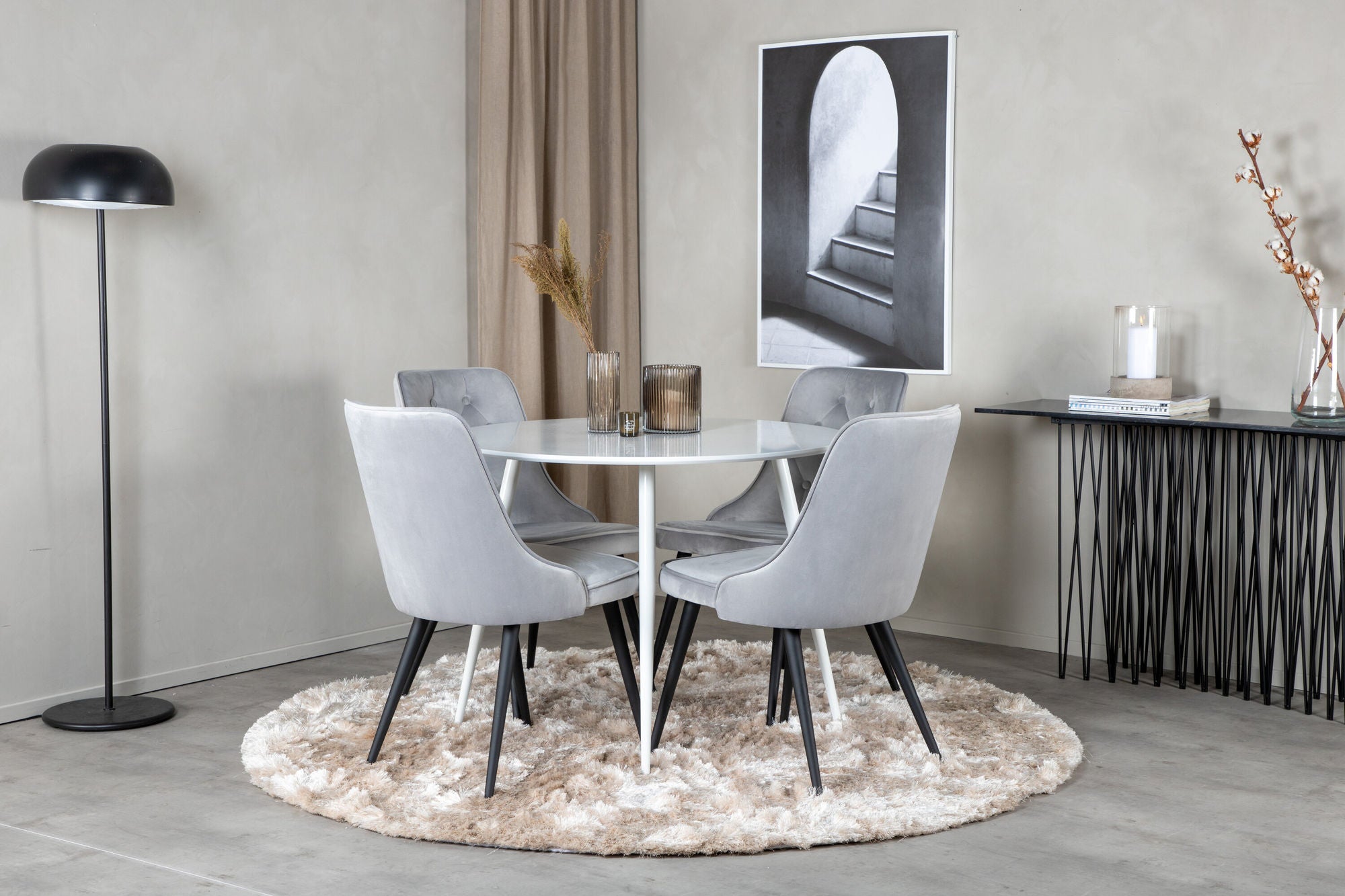 Venture Home Plaza rund bord 100 cm - White top / White Legs+Velvet Deluxe Spisebordsstol - Light Grey / Black_4
