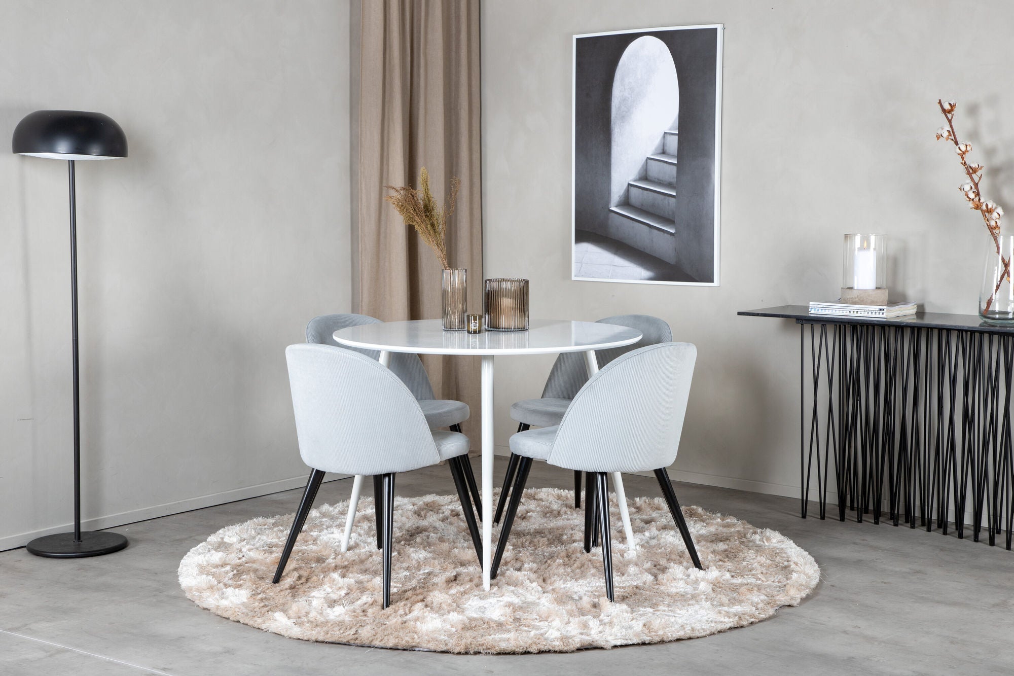 Venture Home Plaza rund bord 100 cm - White top / White Legs+Velvet Spisebordsstol Corduroy - Light Grey / Black_4