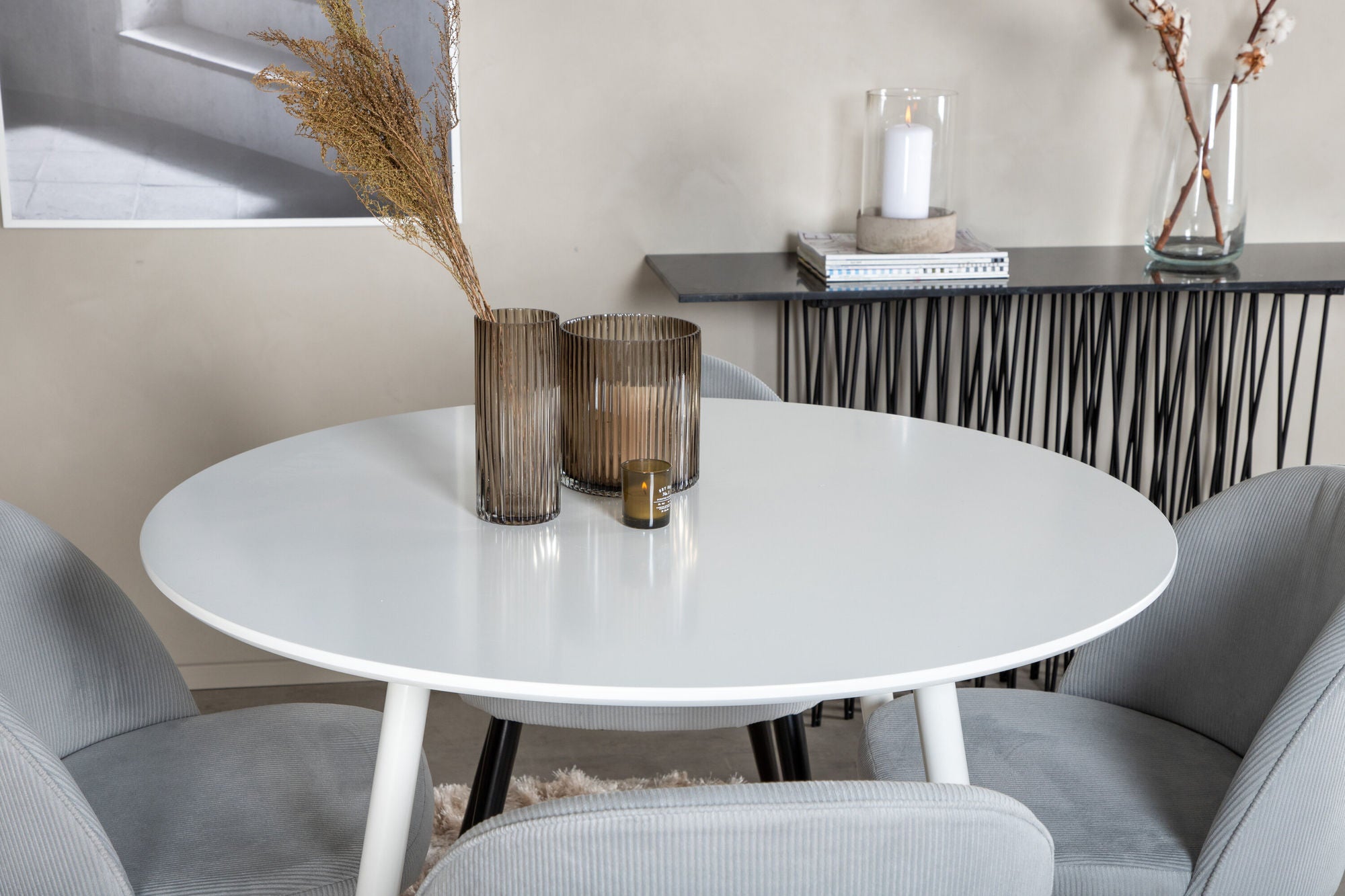 Venture Home Plaza rund bord 100 cm - White top / White Legs+Velvet Spisebordsstol Corduroy - Light Grey / Black_4