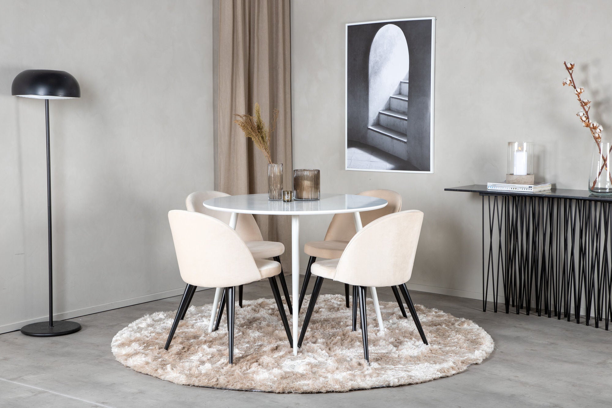 Venture Home Plaza rund bord 100 cm - White top / White Legs+Velvet Spisebordsstol - Beige / Black_4