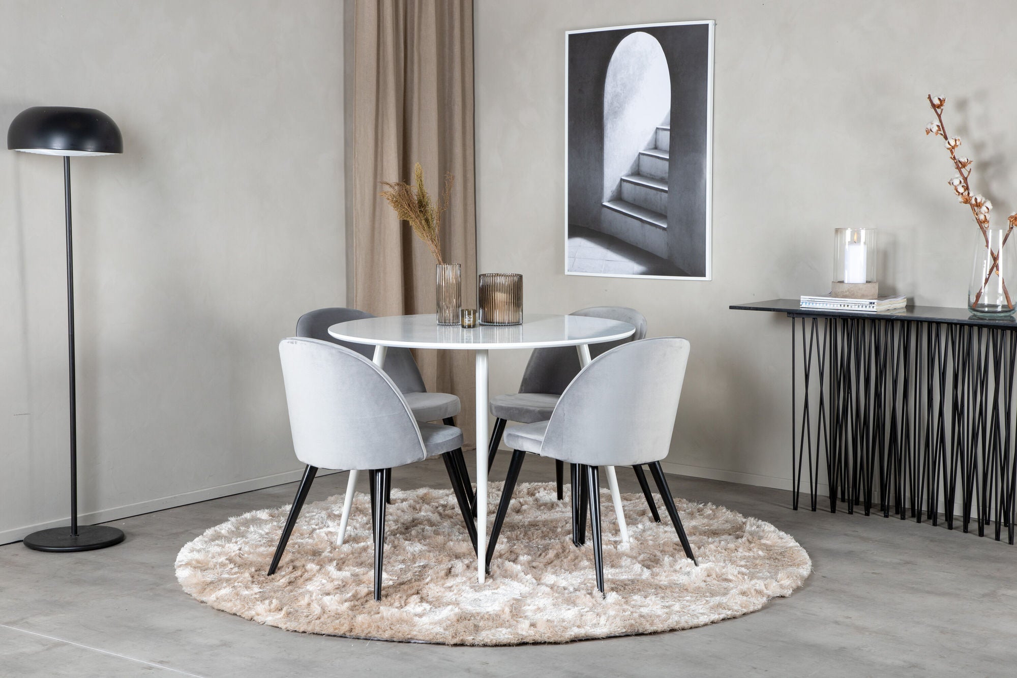 Venture Home Plaza rund bord 100 cm - White top / White Legs+Velvet Spisebordsstol - Light Grey / Black_4