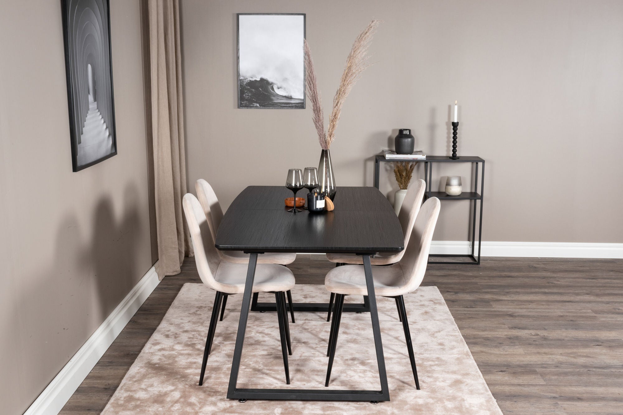 Venture Home Inca Extentionbord - Black top / black Legs+Polar Spisebordsstol- Black legs / Beige Velvet (ersätter 19902-880)_4