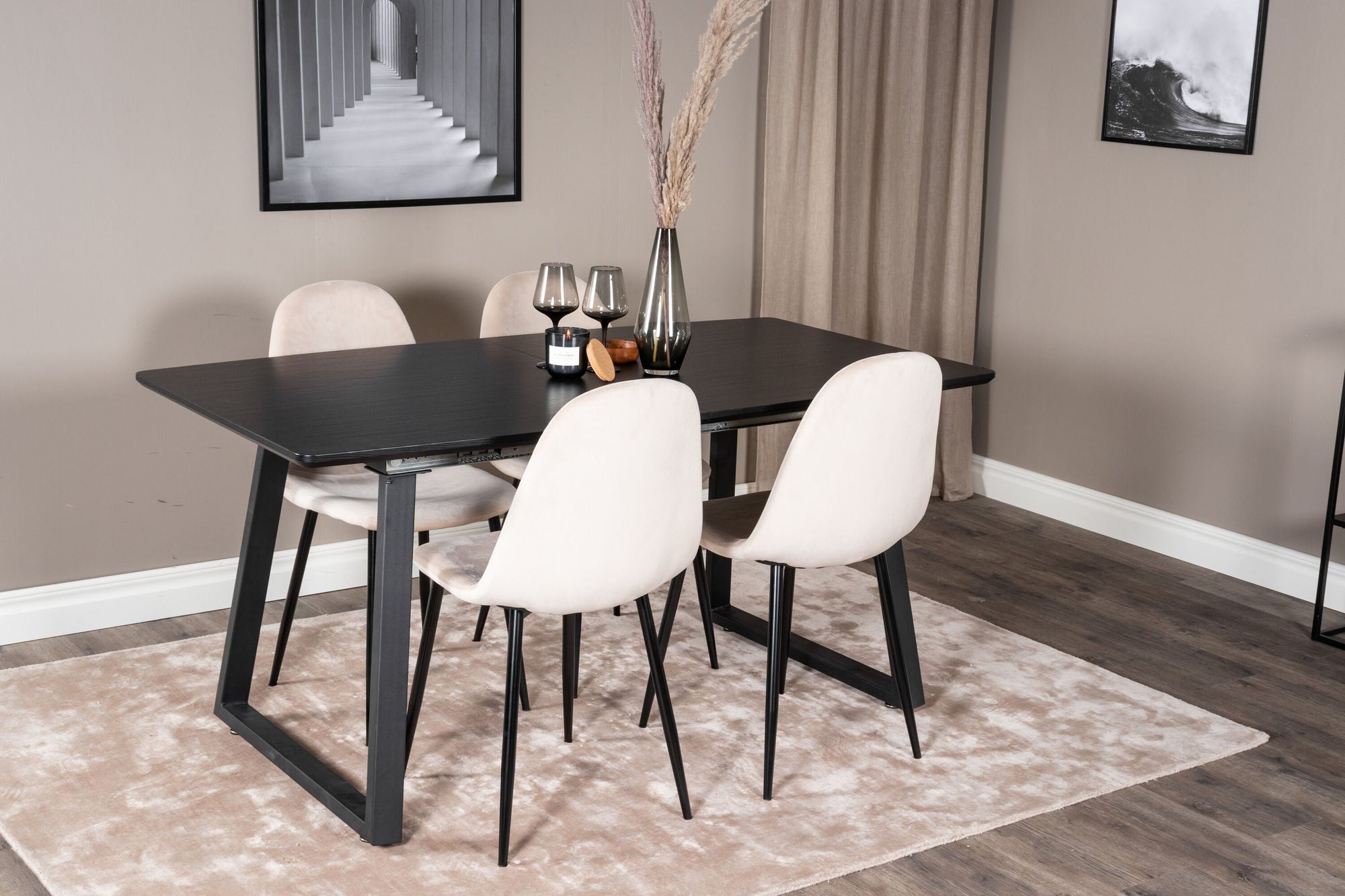 Venture Home Inca Extentionbord - Black top / black Legs+Polar Spisebordsstol- Black legs / Beige Velvet (ersätter 19902-880)_4