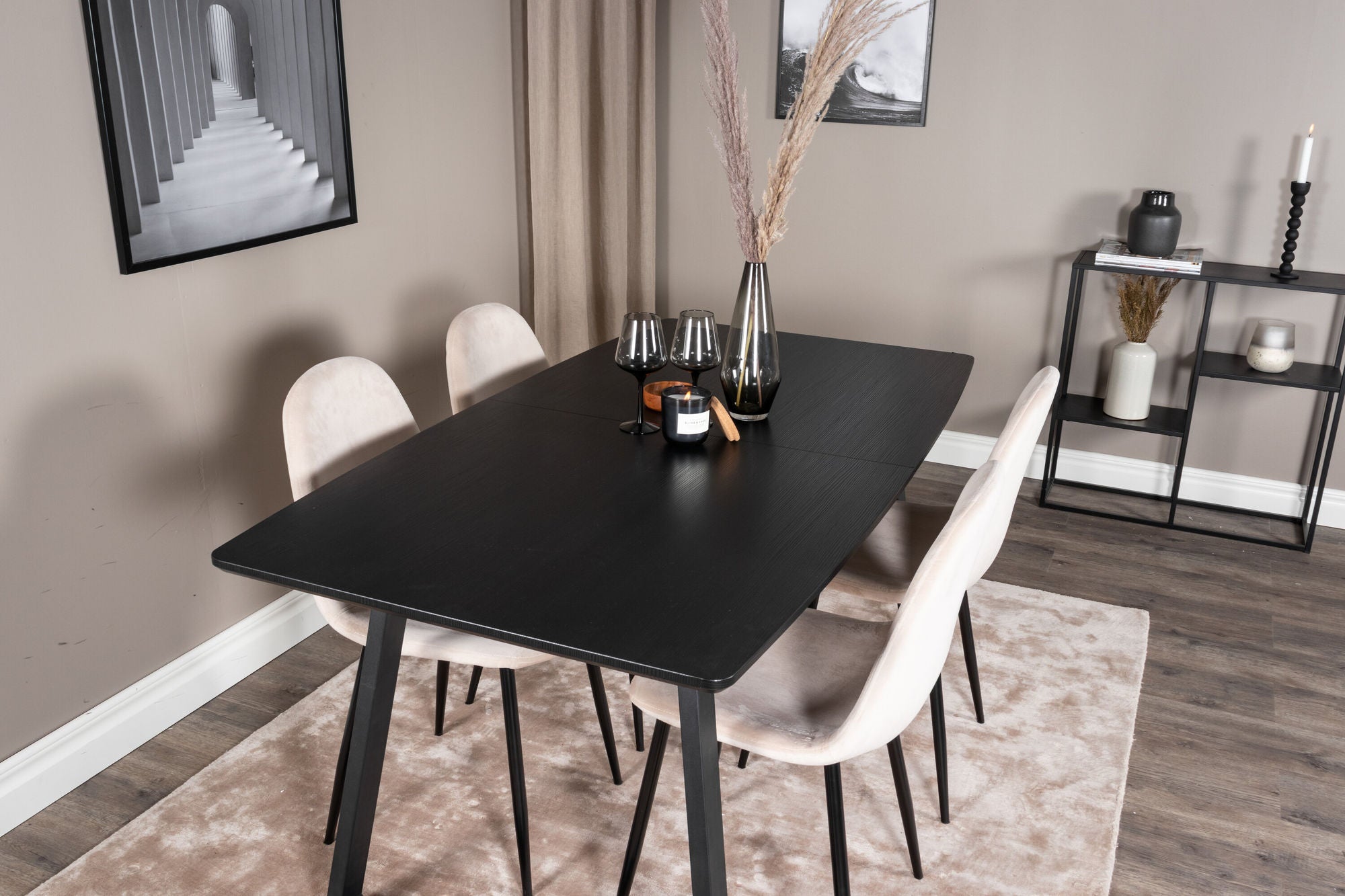 Venture Home Inca Extentionbord - Black top / black Legs+Polar Spisebordsstol- Black legs / Beige Velvet (ersätter 19902-880)_4