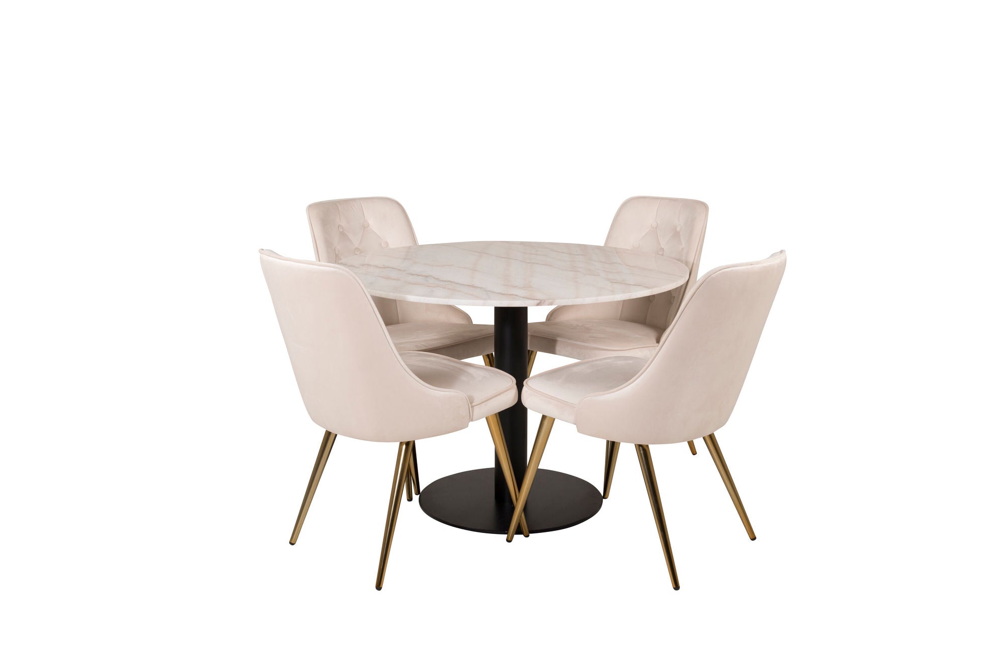 Venture Home Estelle runt Matbord - Svart / Vit marmor - ø106*H75+Velvet Deluxe Spisebordsstol - Brushed brass leg / Beige Velvet_4