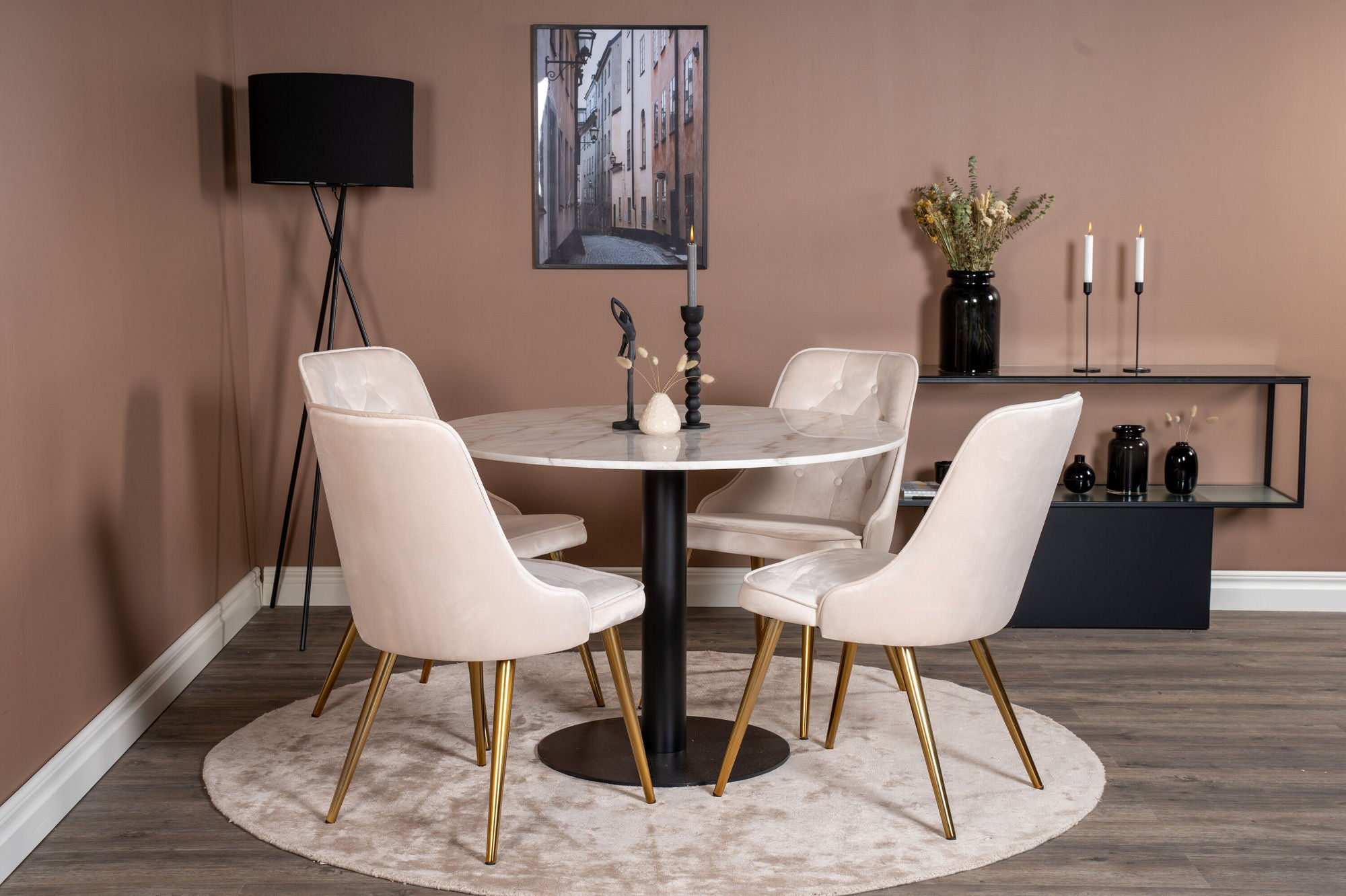 Venture Home Estelle runt Matbord - Svart / Vit marmor - ø106*H75+Velvet Deluxe Spisebordsstol - Brushed brass leg / Beige Velvet_4