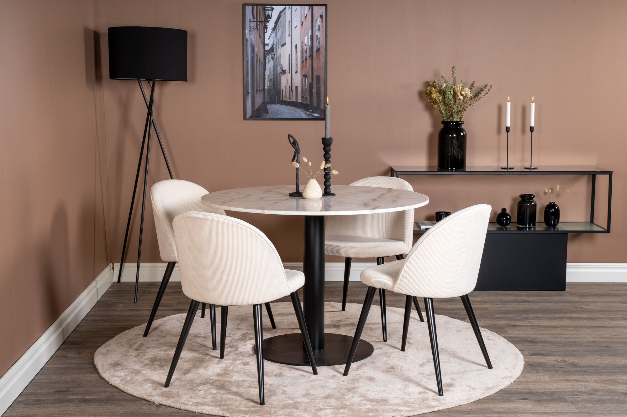 Venture Home Estelle runt Matbord - Svart / Vit marmor - ø106*H75+Velvet Spisebordsstol - Bla