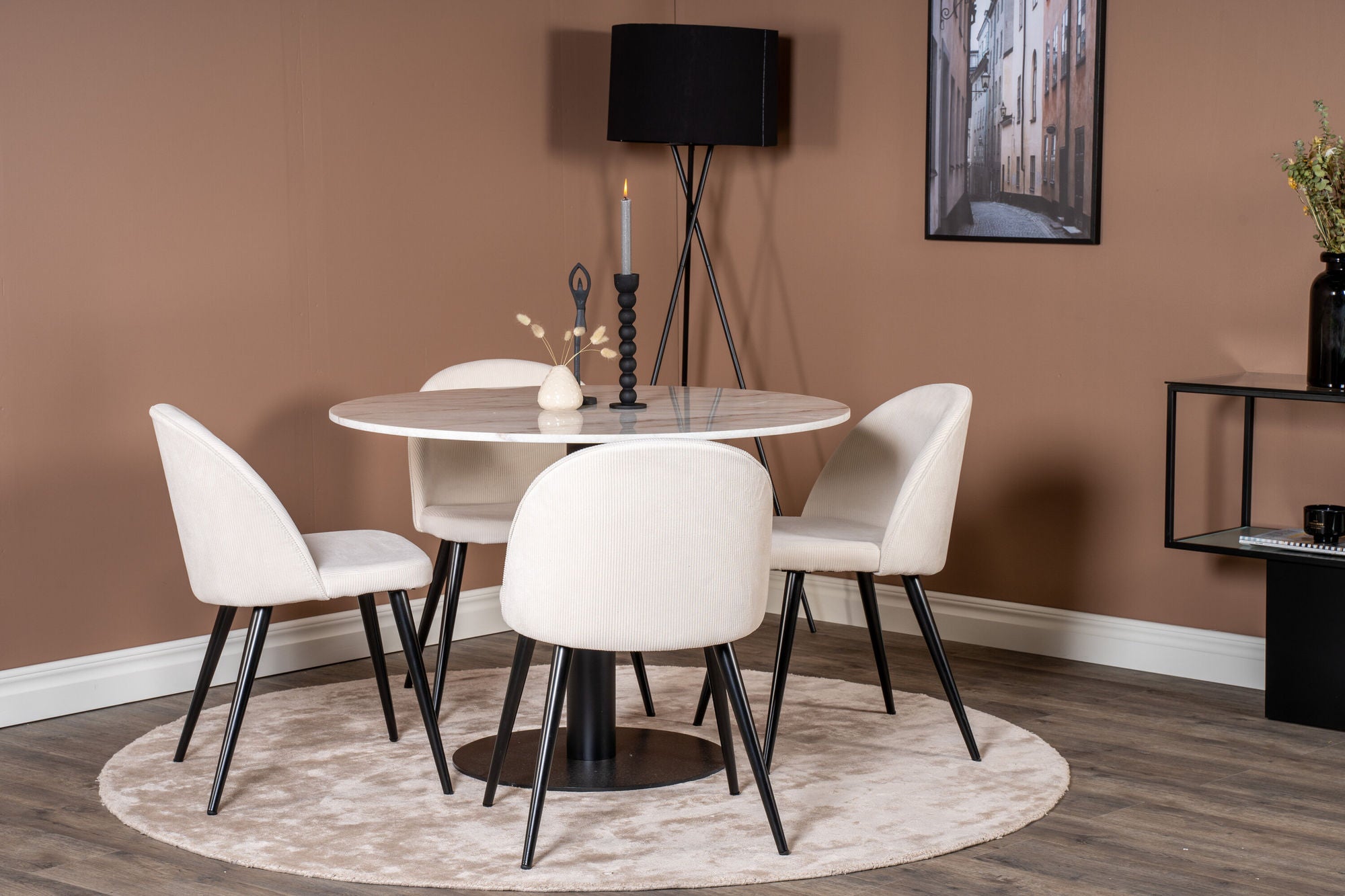 Venture Home Estelle runt Matbord - Svart / Vit marmor - ø106*H75+Velvet Spisebordsstol - Bla