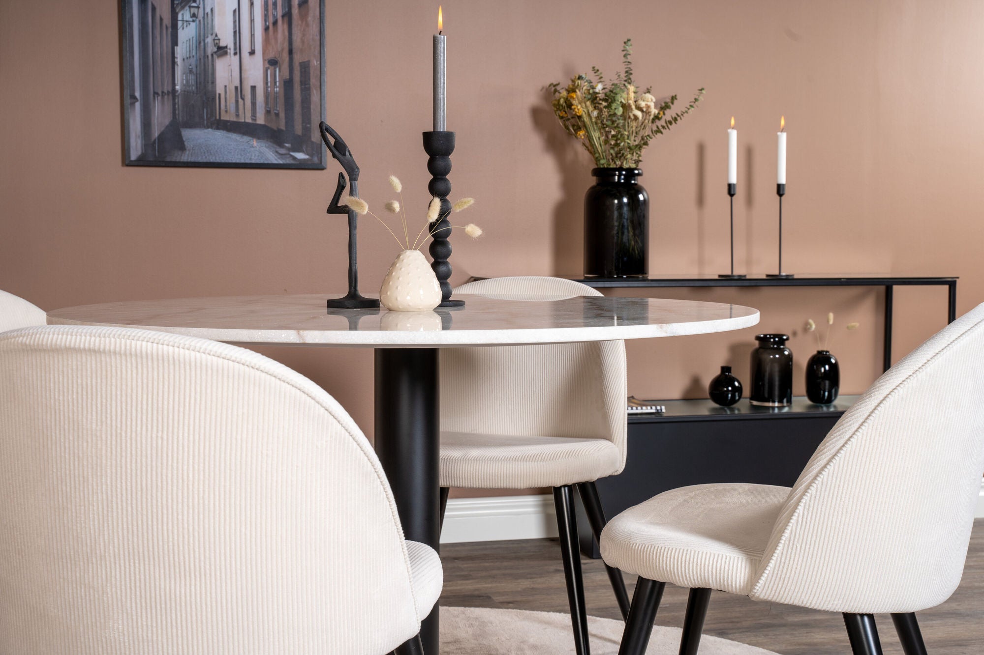 Venture Home Estelle runt Matbord - Svart / Vit marmor - ø106*H75+Velvet Spisebordsstol - Bla