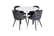 Venture Home Plaza rund bord 100 cm - White top / White Legs+Velvet Spisebordsstol - Black Flower fabric_4